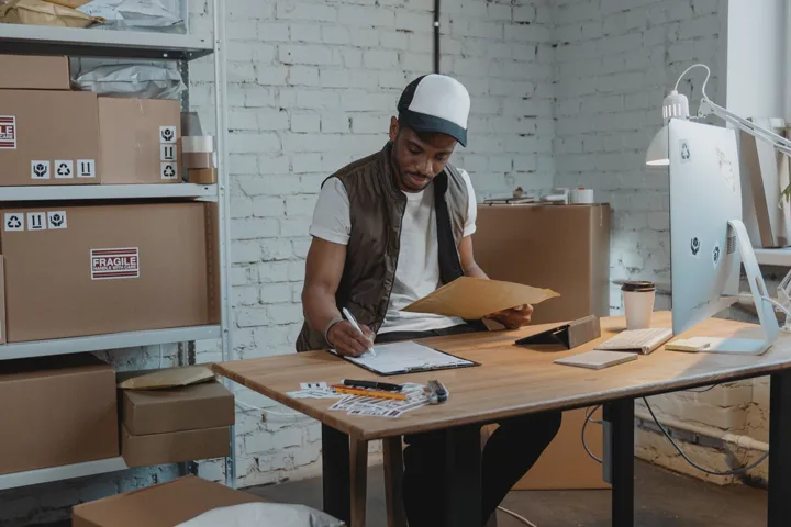 Purchasing specialist reviewing order paperwork at a desk beside incoming parcels.