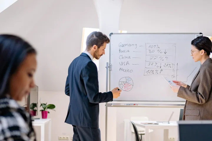 Financial manager leading a team review of performance percentages and business results on a whiteboard.