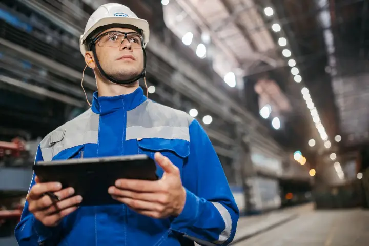 Manufacturing engineer using a tablet to supervise production inside a large industrial factory.