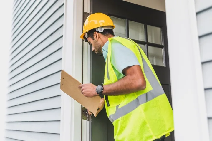 Property manager inspecting a residential entrance with a clipboard and safety equipment.