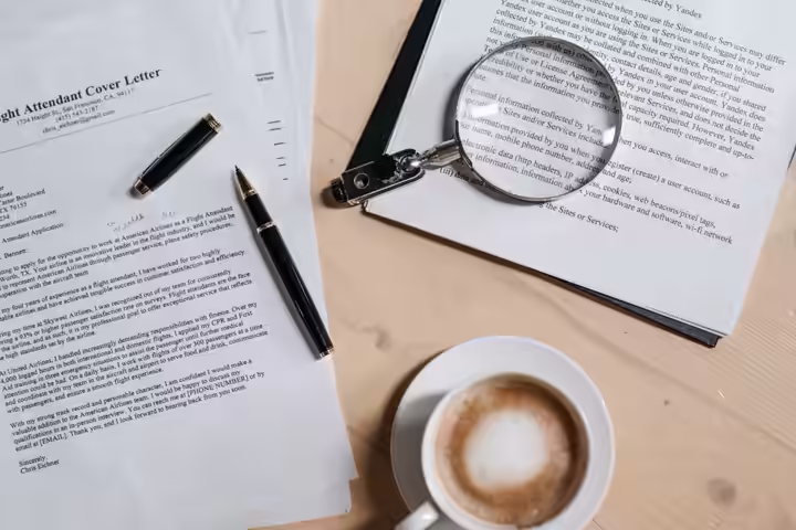 A top view of coffee and job application documents with a magnifying glass on a wooden desk.