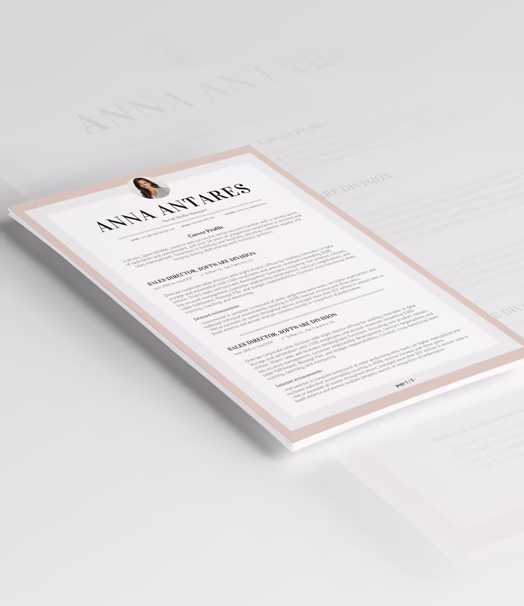 Antares resume template angled mockup