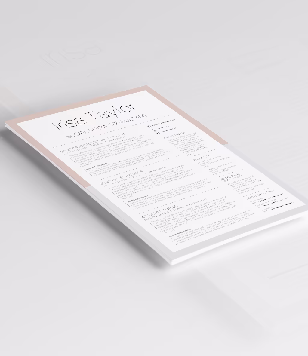 Irisa resume template angled mockup