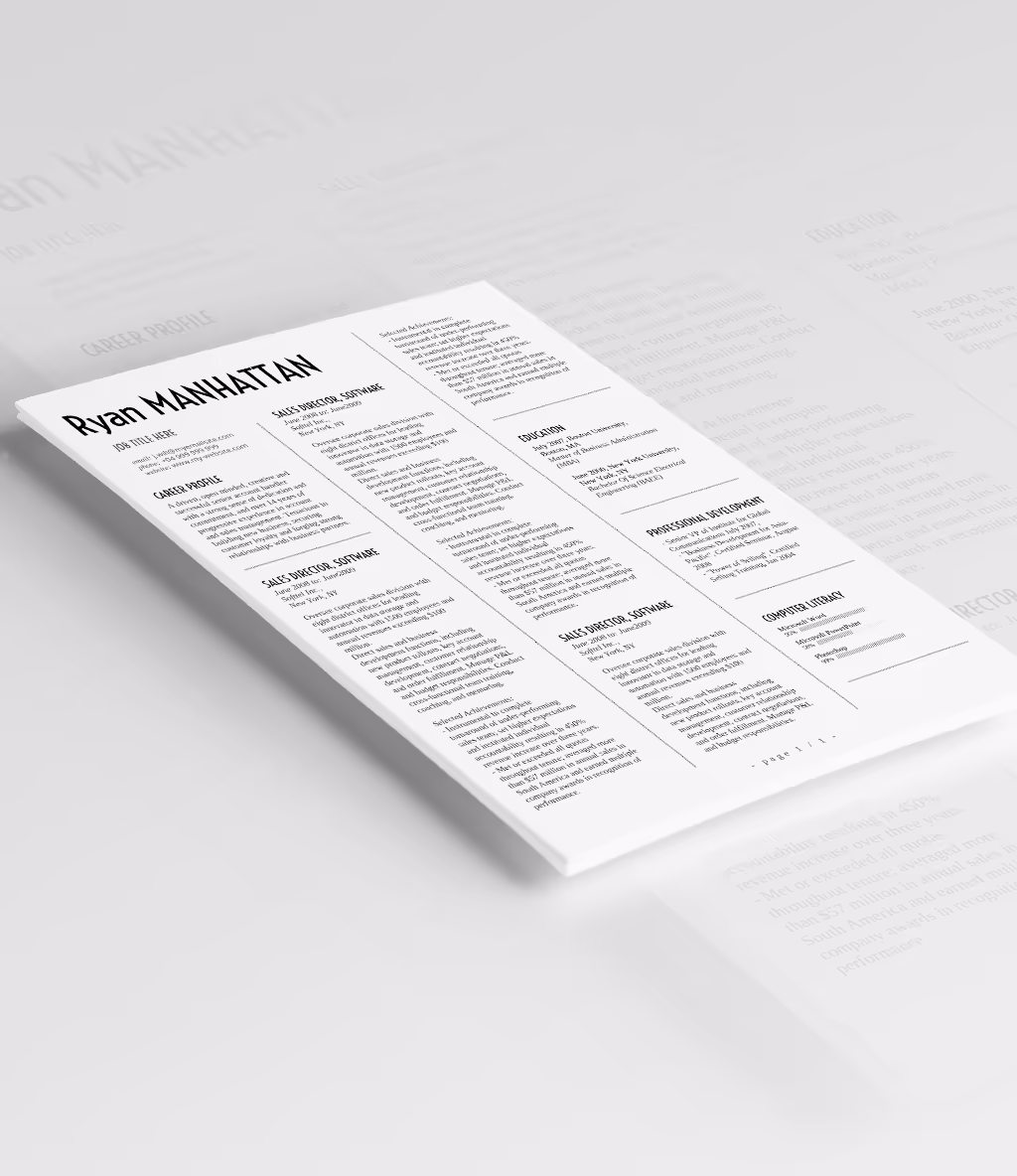 Manhattan resume template angled mockup