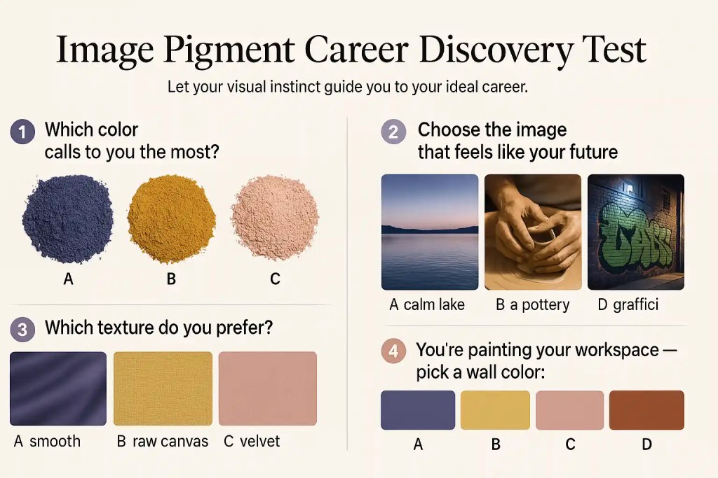 A visual career discovery quiz displayed on a textured off-white landscape background. The title reads 'Image Pigment Career Discovery Test' in bold font at the top. Below, four sections feature colorful pigment swatches, image options, and texture samples representing different personality choices. Each section invites the viewer to select the option that resonates most with them to reveal an ideal career path.