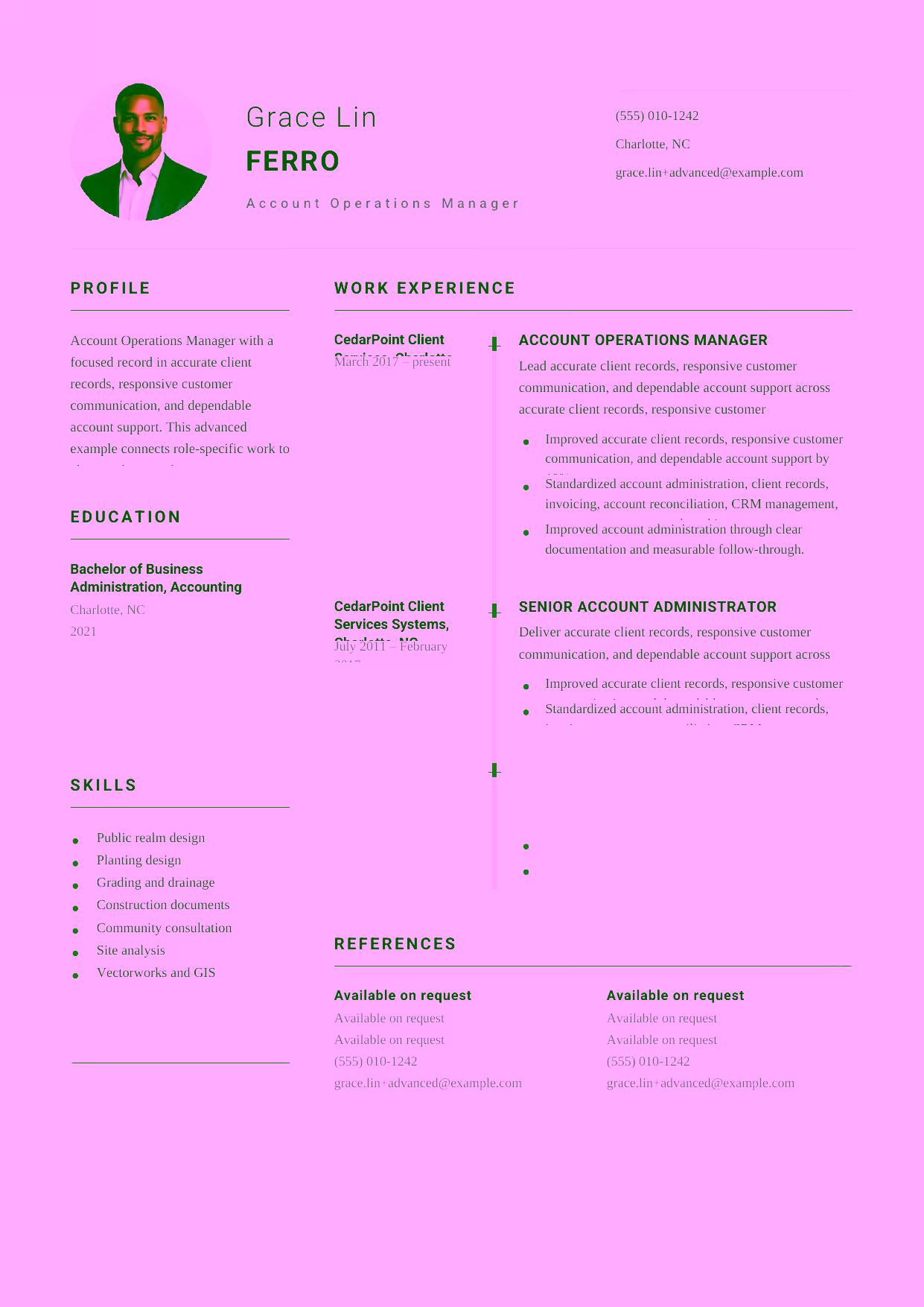 Advanced Account Operations Manager resume example in the Puppis template focused on renewal tracking, contract support, and account-operations leadership.