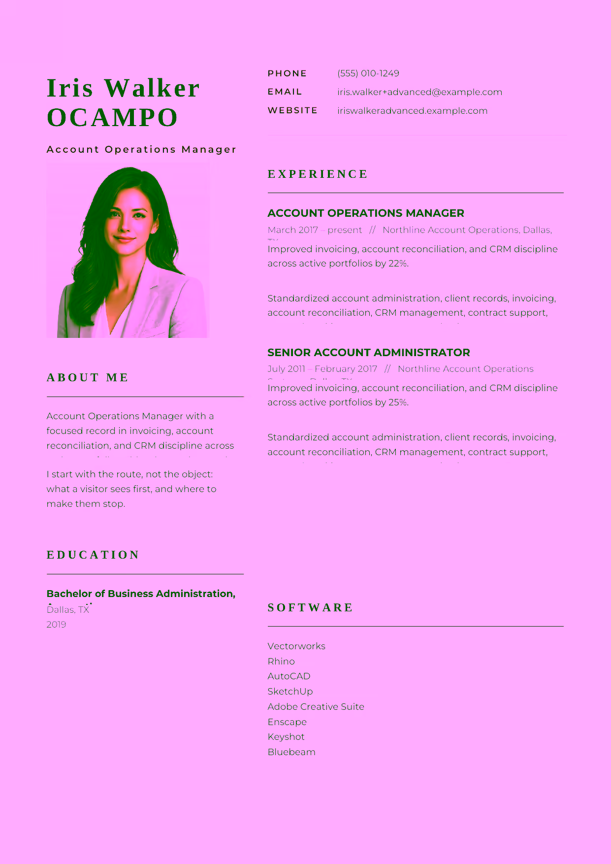 Advanced Account Operations Manager resume example in the Hydra template focused on renewal tracking, contract support, and account-operations leadership.