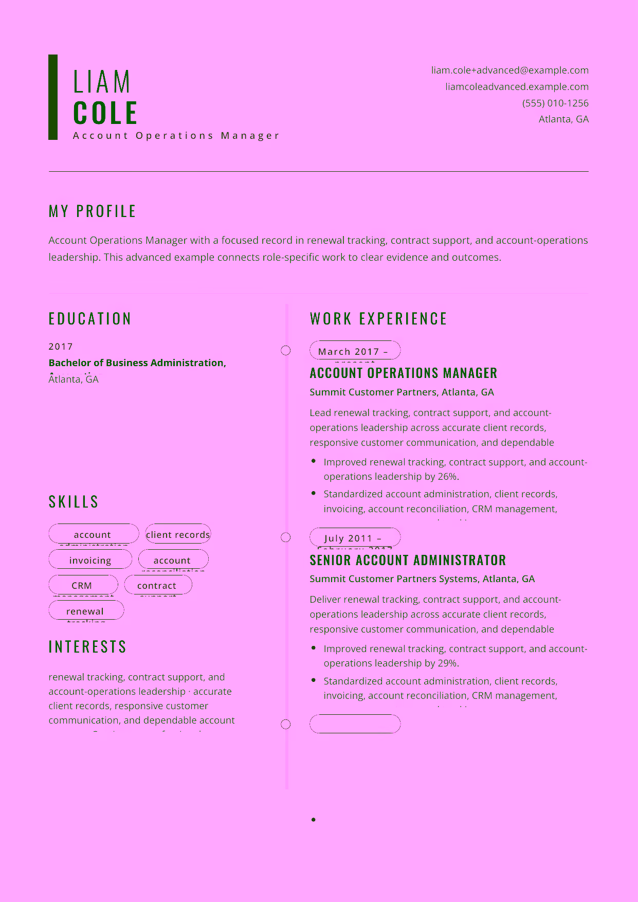Advanced Account Operations Manager resume example in the Caelum template focused on renewal tracking, contract support, and account-operations leadership.