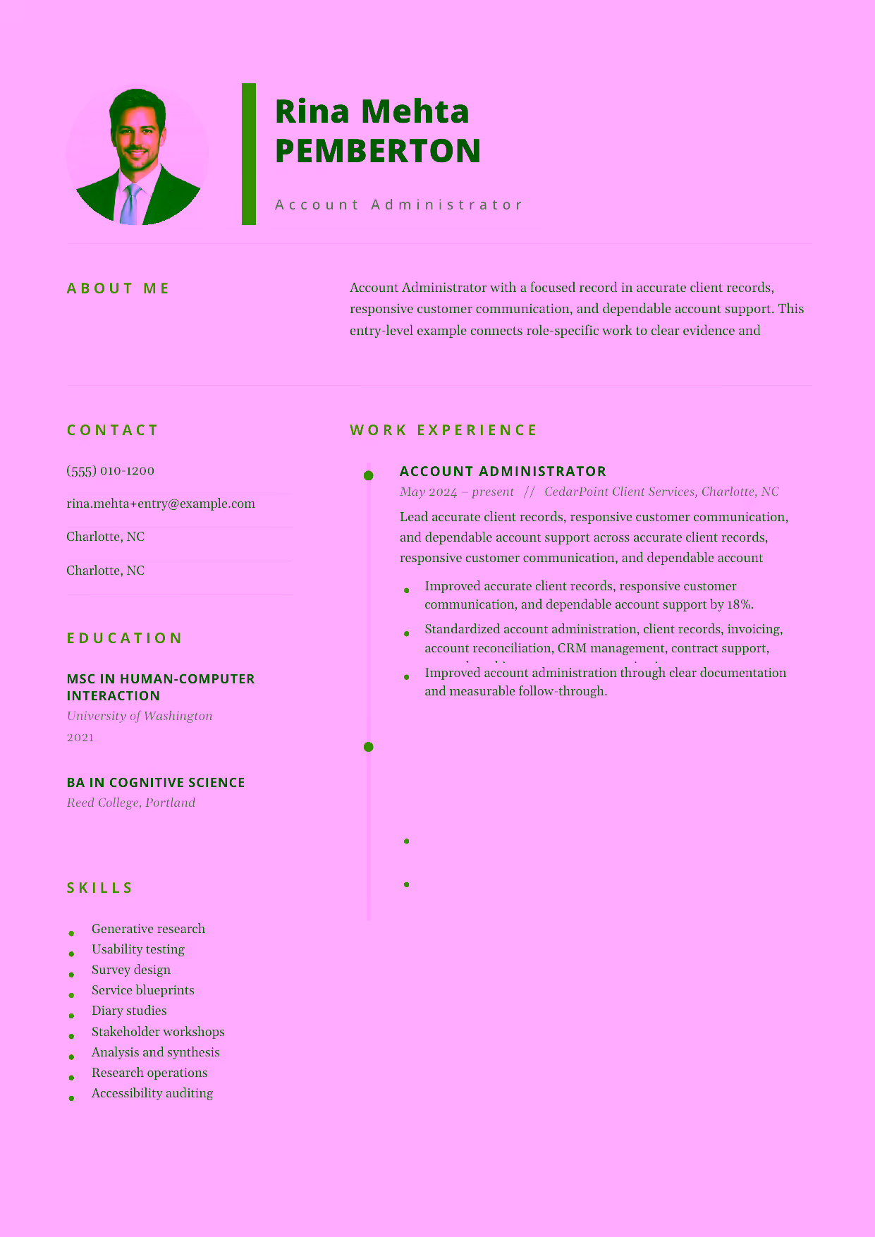 Entry-level Account Administrator resume example in the Pegasus template focused on accurate client records, responsive customer communication, and dependable account support.