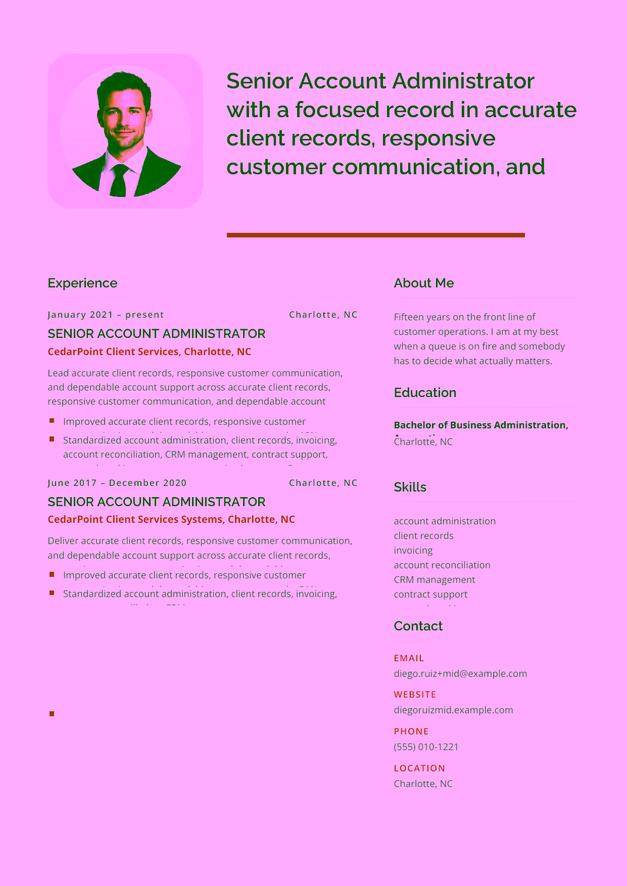 Mid-level Senior Account Administrator resume example in the Andromeda template focused on invoicing, account reconciliation, and CRM discipline across active portfolios.