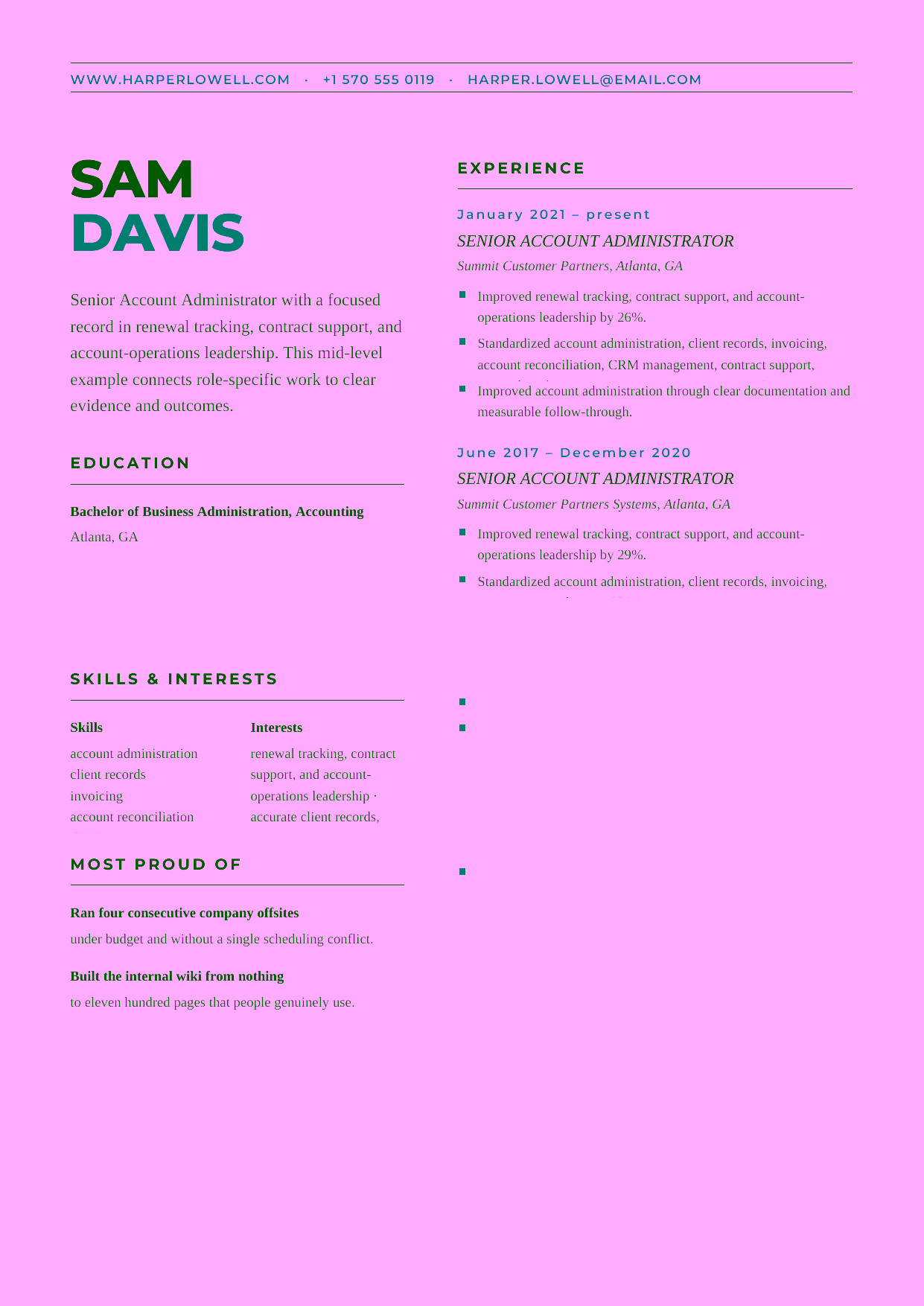 Mid-level Senior Account Administrator resume example in the Bootes template focused on invoicing, account reconciliation, and CRM discipline across active portfolios.