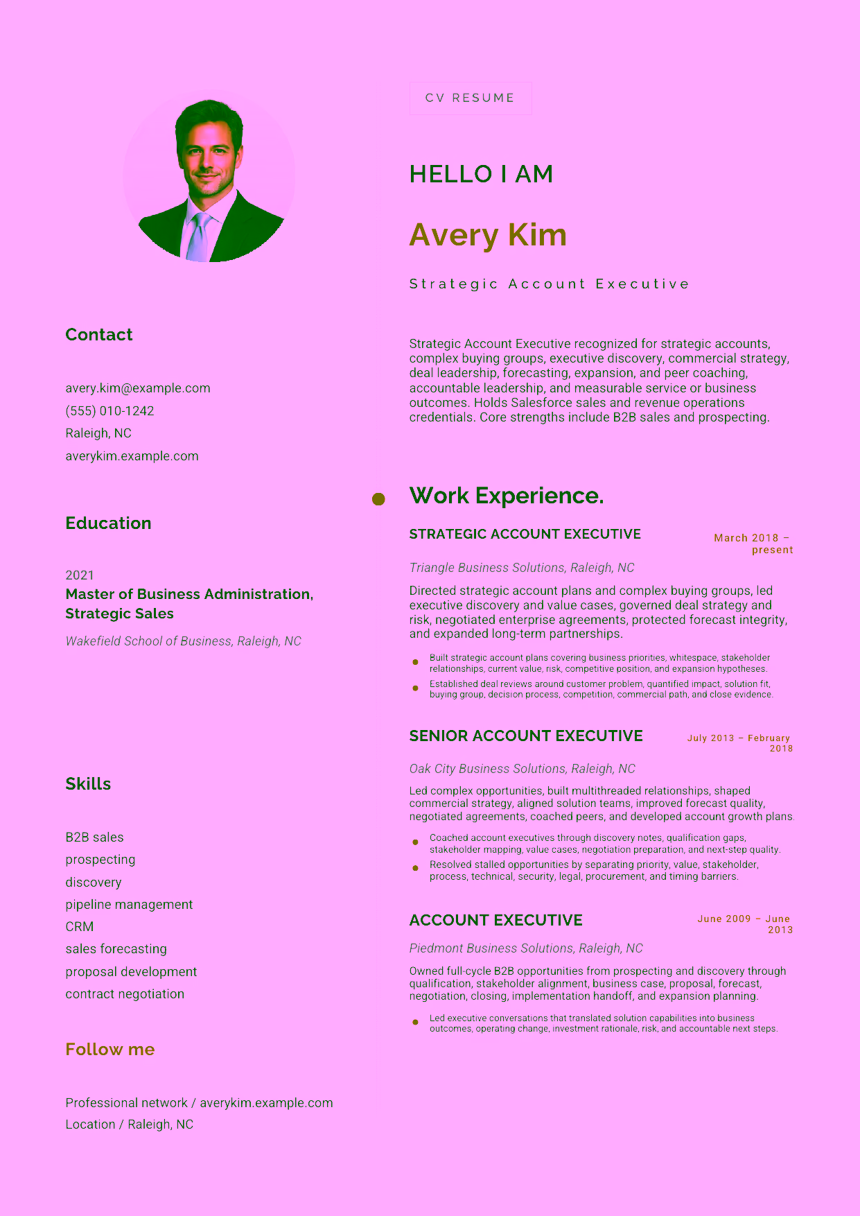 Advanced Strategic Account Executive resume example in the Eridanus template focused on strategic accounts, complex buying groups, executive discovery, commercial strategy, deal leadership, forecasting, expansion, and peer coaching.