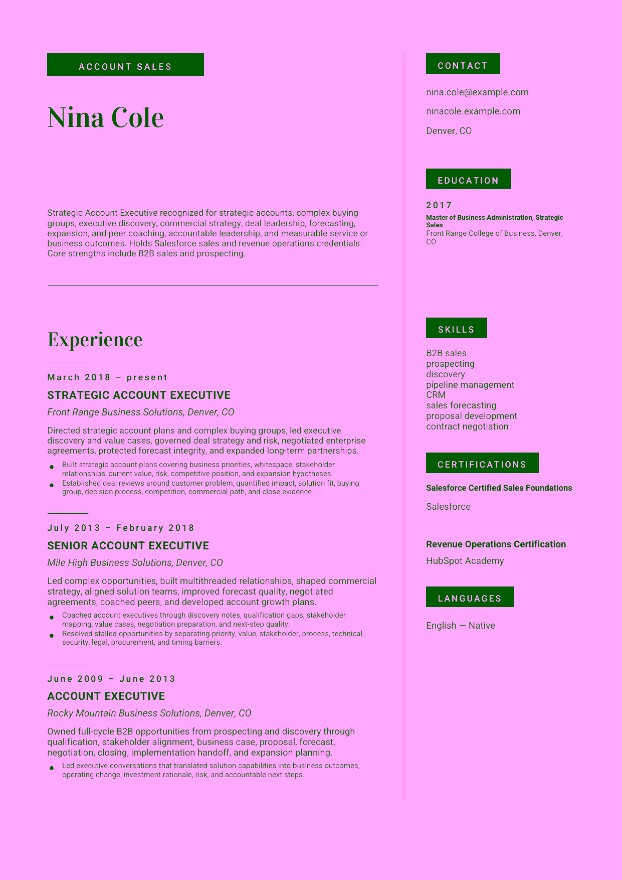 Advanced Strategic Account Executive resume example in the Aquila template focused on strategic accounts, complex buying groups, executive discovery, commercial strategy, deal leadership, forecasting, expansion, and peer coaching.