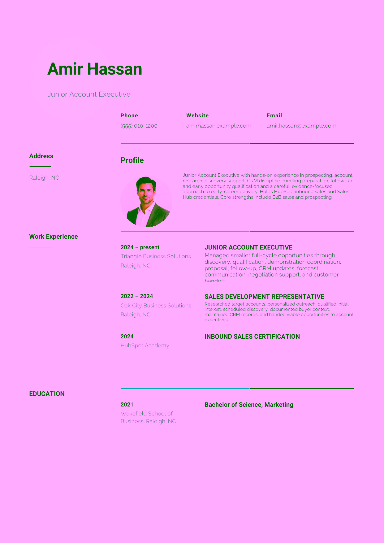 Entry-level Junior Account Executive resume example in the Pavo template focused on prospecting, account research, discovery support, CRM discipline, meeting preparation, follow-up, and early opportunity qualification.