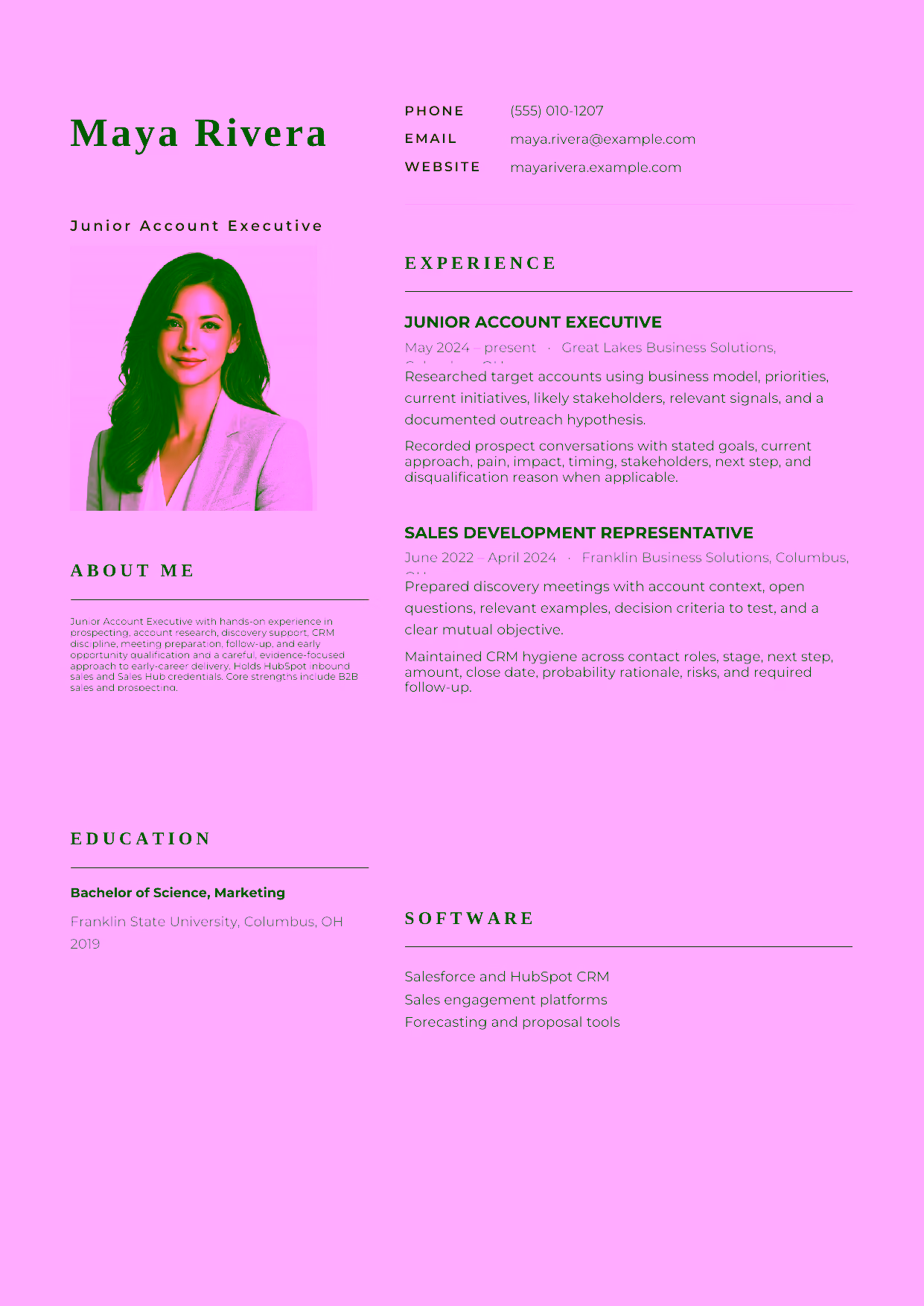 Entry-level Junior Account Executive resume example in the Hydra template focused on prospecting, account research, discovery support, CRM discipline, meeting preparation, follow-up, and early opportunity qualification.