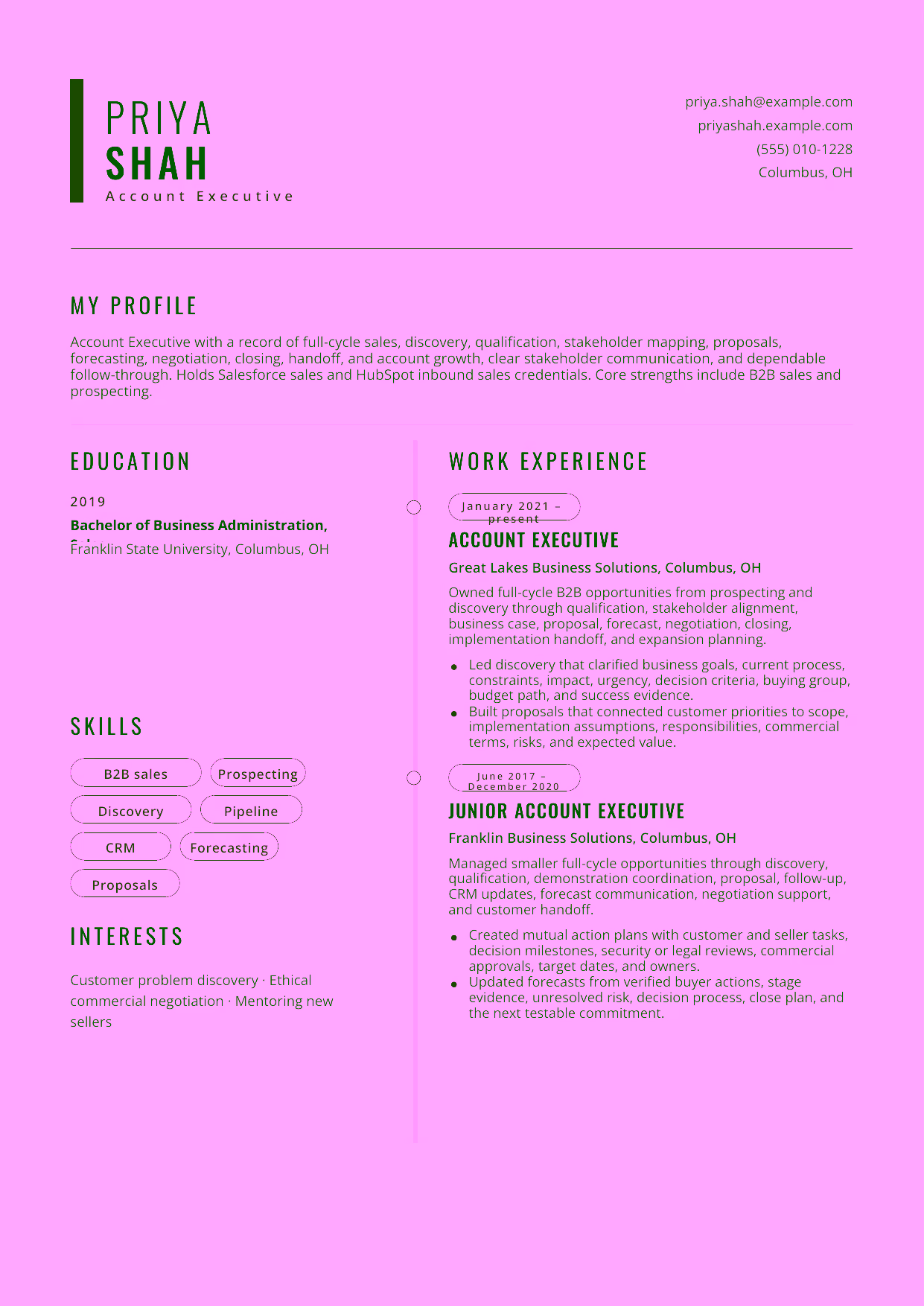 Mid-level Account Executive resume example in the Caelum template focused on full-cycle sales, discovery, qualification, stakeholder mapping, proposals, forecasting, negotiation, closing, handoff, and account growth.