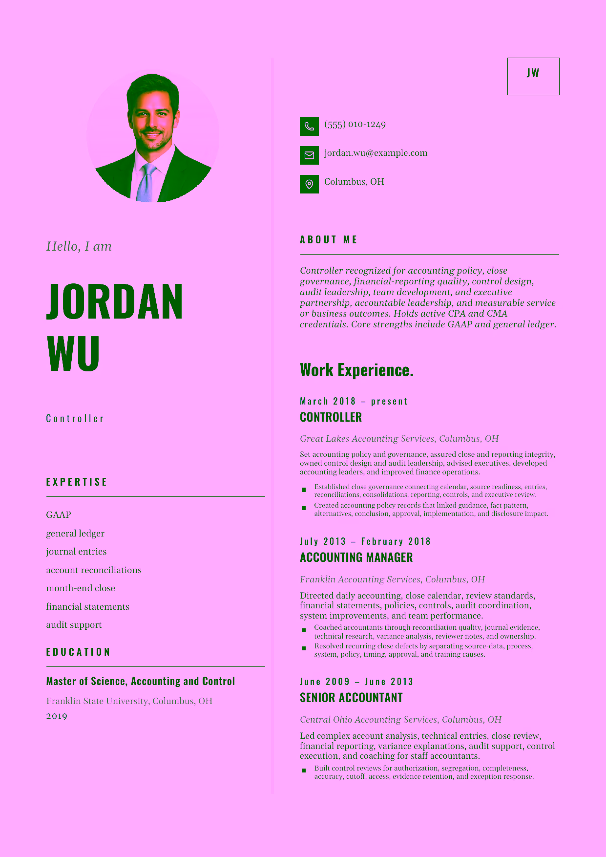 Advanced Controller resume example in the Equuleus template focused on accounting policy, close governance, financial-reporting quality, control design, audit leadership, team development, and executive partnership.