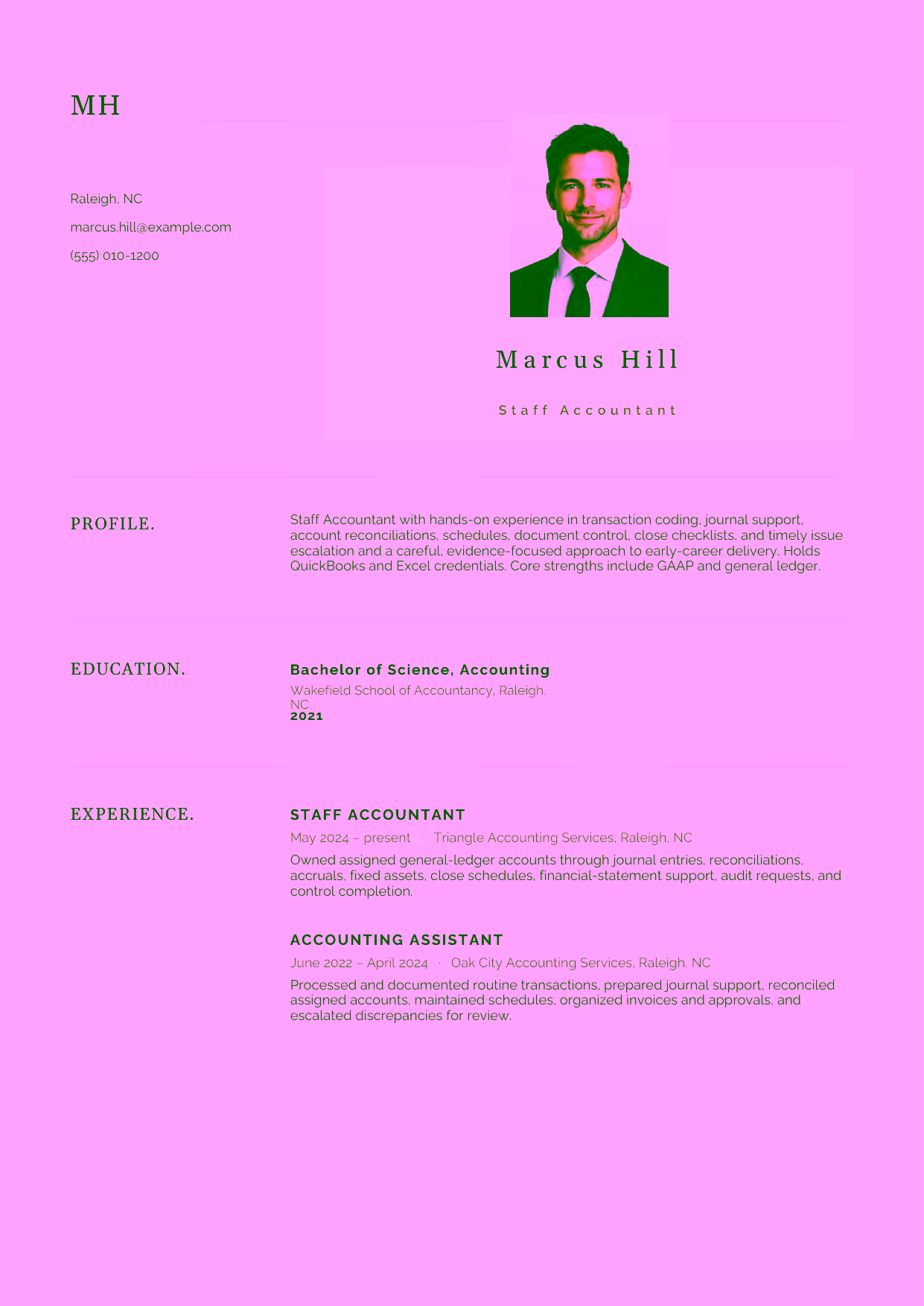 Entry-level Staff Accountant resume example in the Norma template focused on transaction coding, journal support, account reconciliations, schedules, document control, close checklists, and timely issue escalation.