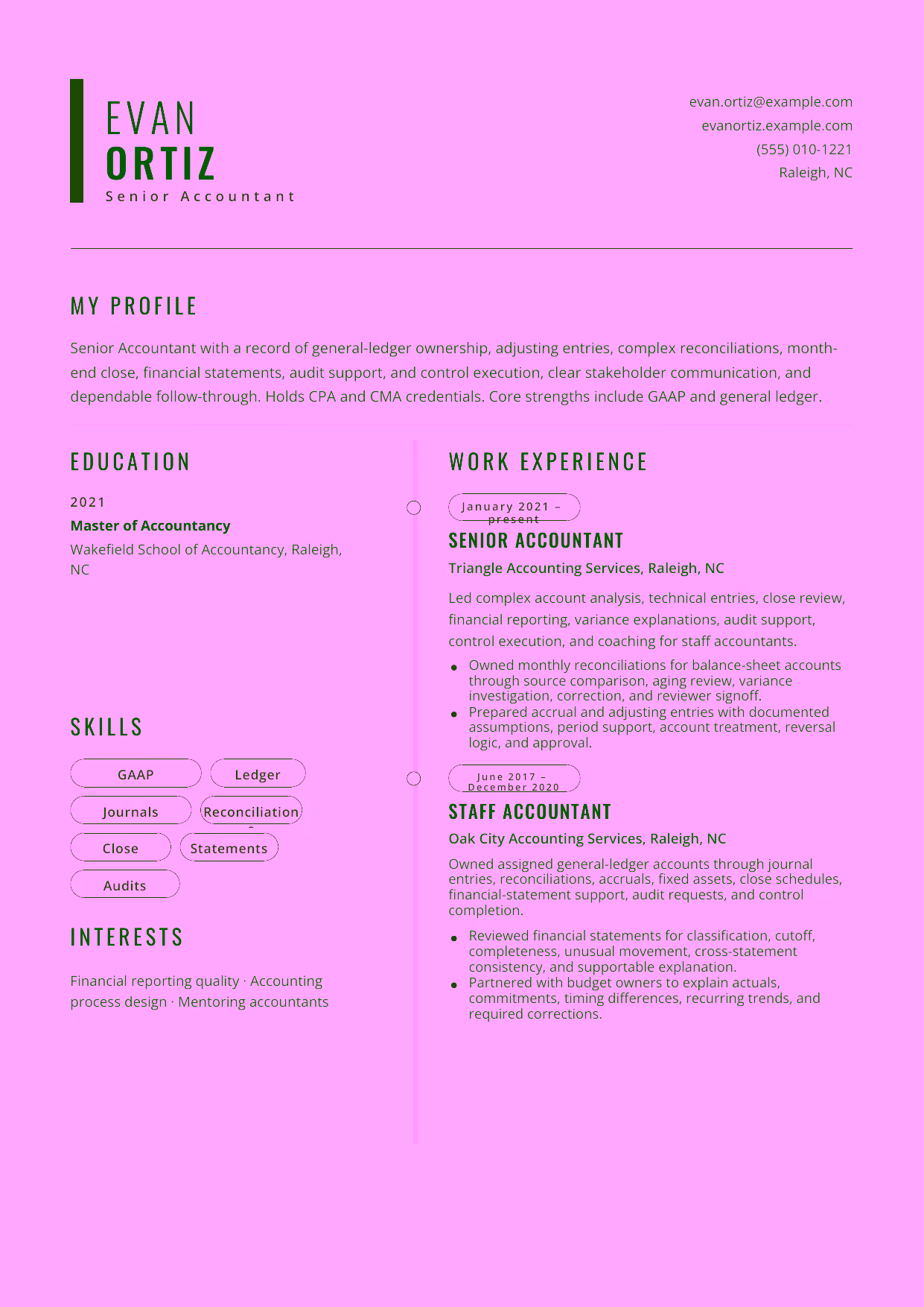 Mid-level Senior Accountant resume example in the Caelum template focused on general-ledger ownership, adjusting entries, complex reconciliations, month-end close, financial statements, audit support, and control execution.