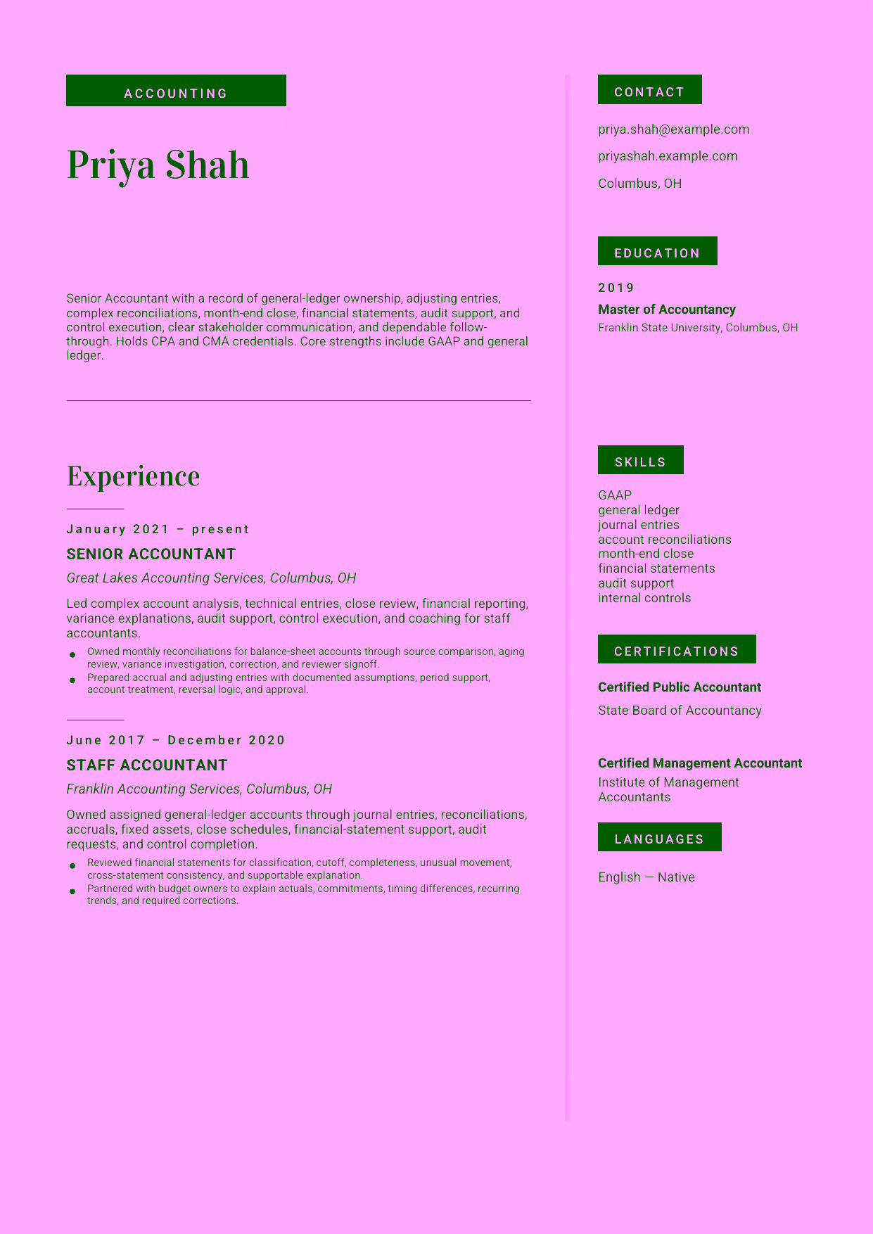 Mid-level Senior Accountant resume example in the Aquila template focused on general-ledger ownership, adjusting entries, complex reconciliations, month-end close, financial statements, audit support, and control execution.