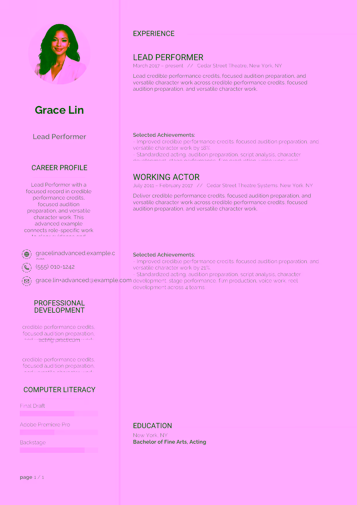 Advanced Lead Performer resume example in the Synnove template focused on lead performances, production collaboration, and mentorship for emerging performers.