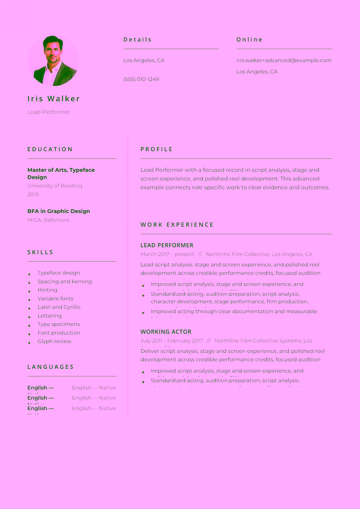 Advanced Lead Performer resume example in the Pictor template focused on lead performances, production collaboration, and mentorship for emerging performers.
