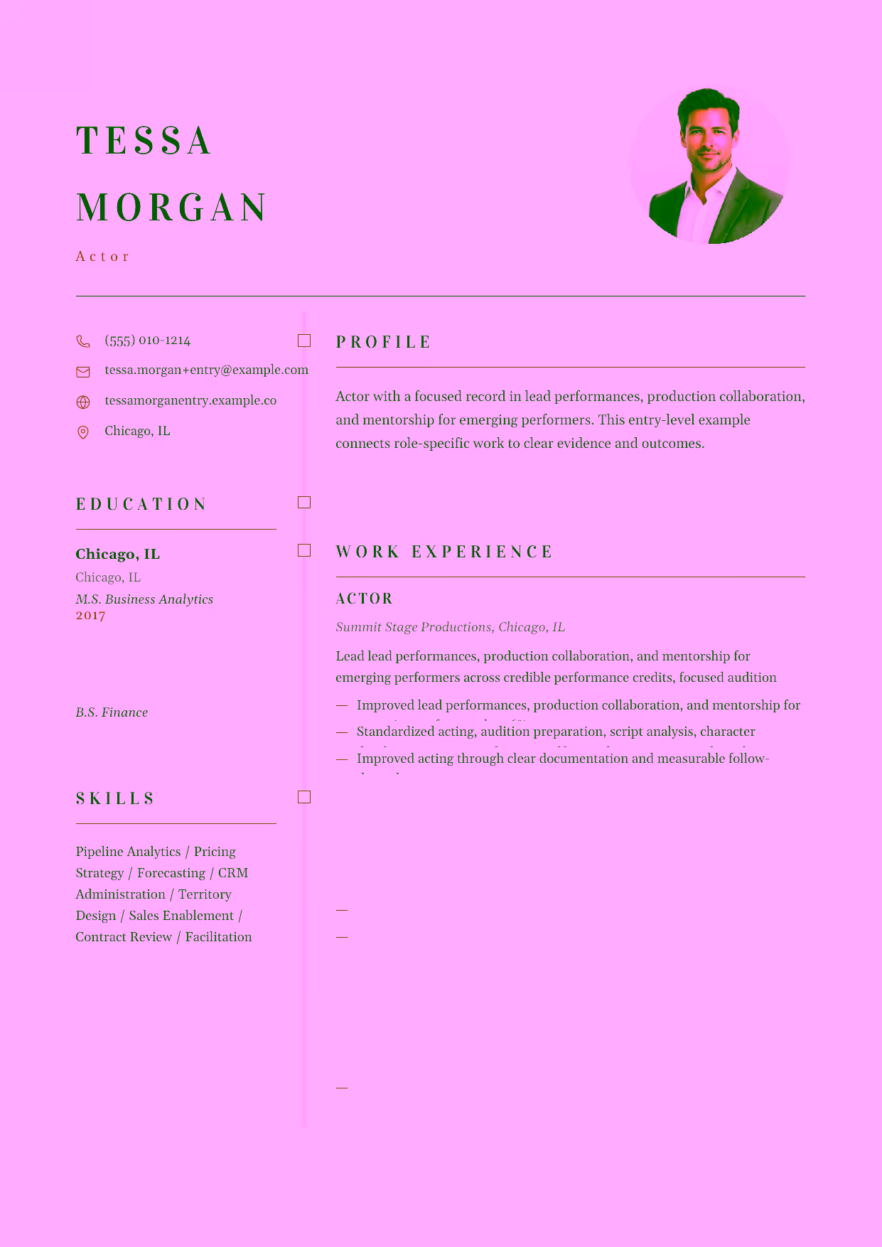 Entry-level Actor resume example in the Draco template focused on credible performance credits, focused audition preparation, and versatile character work.