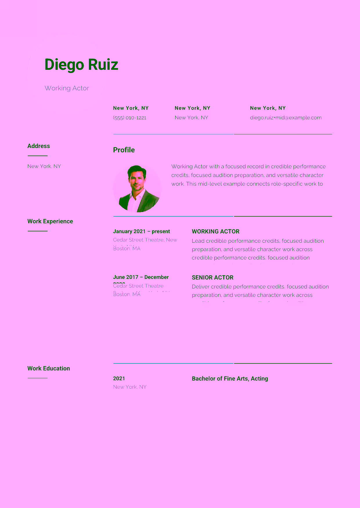 Mid-level Working Actor resume example in the Pavo template focused on script analysis, stage and screen experience, and polished reel development.
