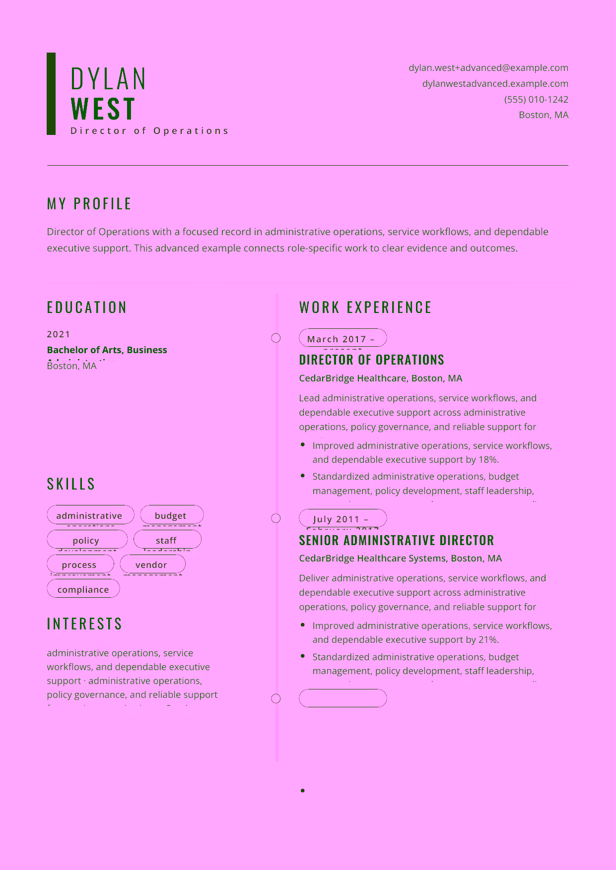 Advanced Director of Operations resume example in the Caelum template focused on policy governance, staff leadership, and enterprise operations direction.