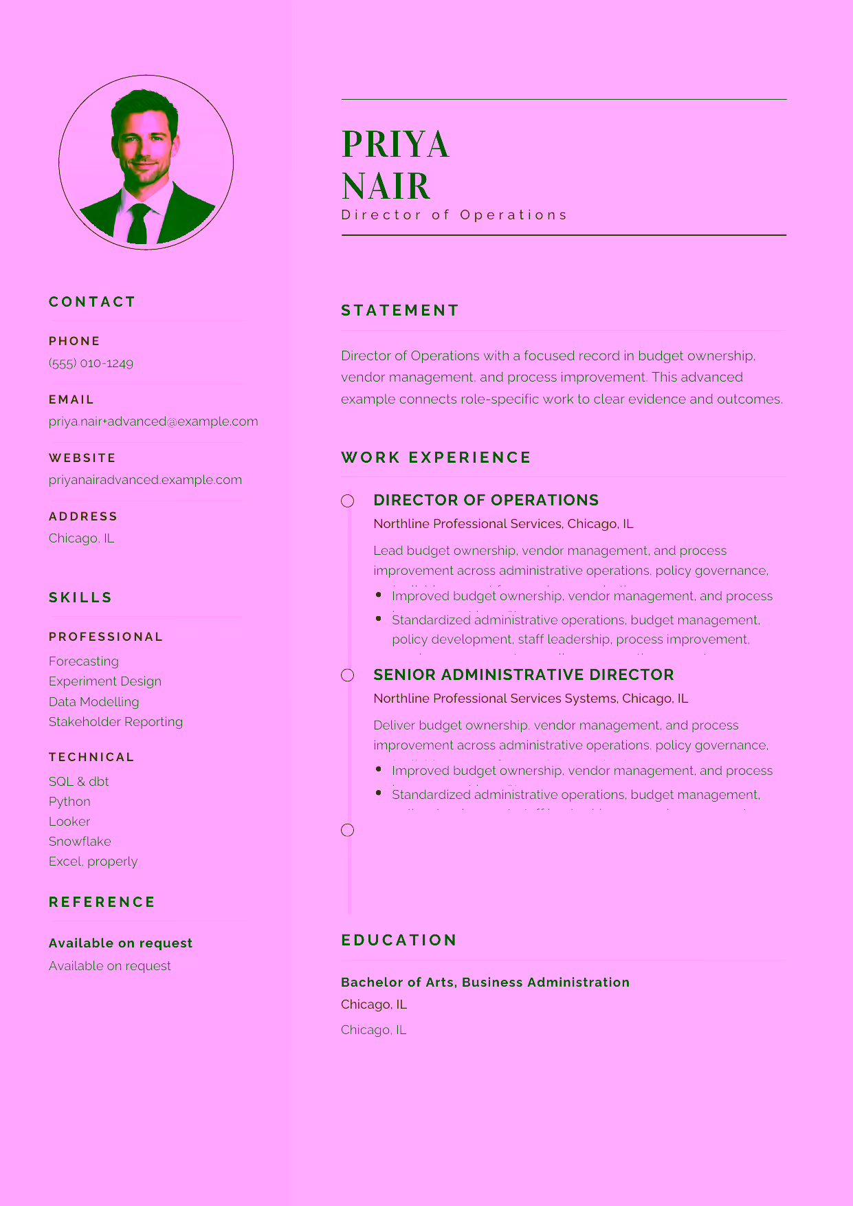 Advanced Director of Operations resume example in the Cetus template focused on policy governance, staff leadership, and enterprise operations direction.