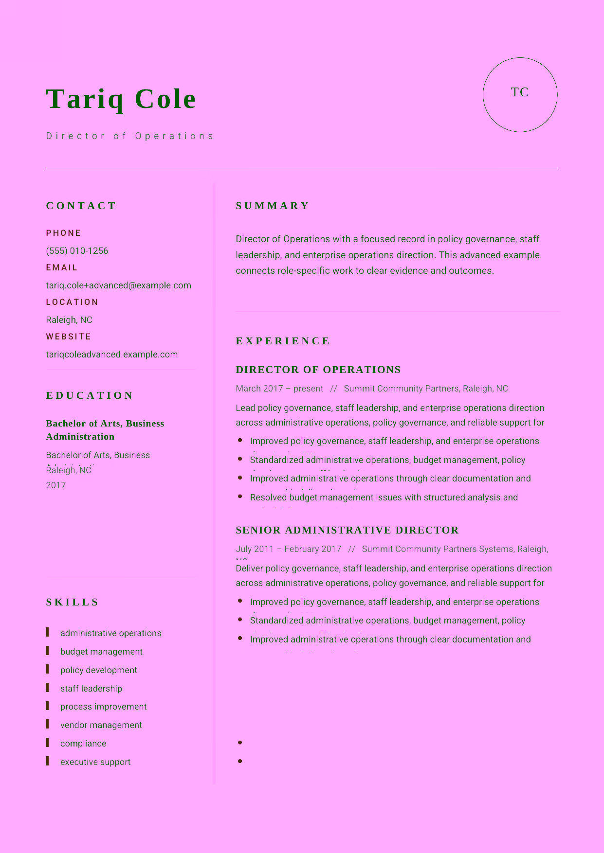 Advanced Director of Operations resume example in the Grus template focused on policy governance, staff leadership, and enterprise operations direction.