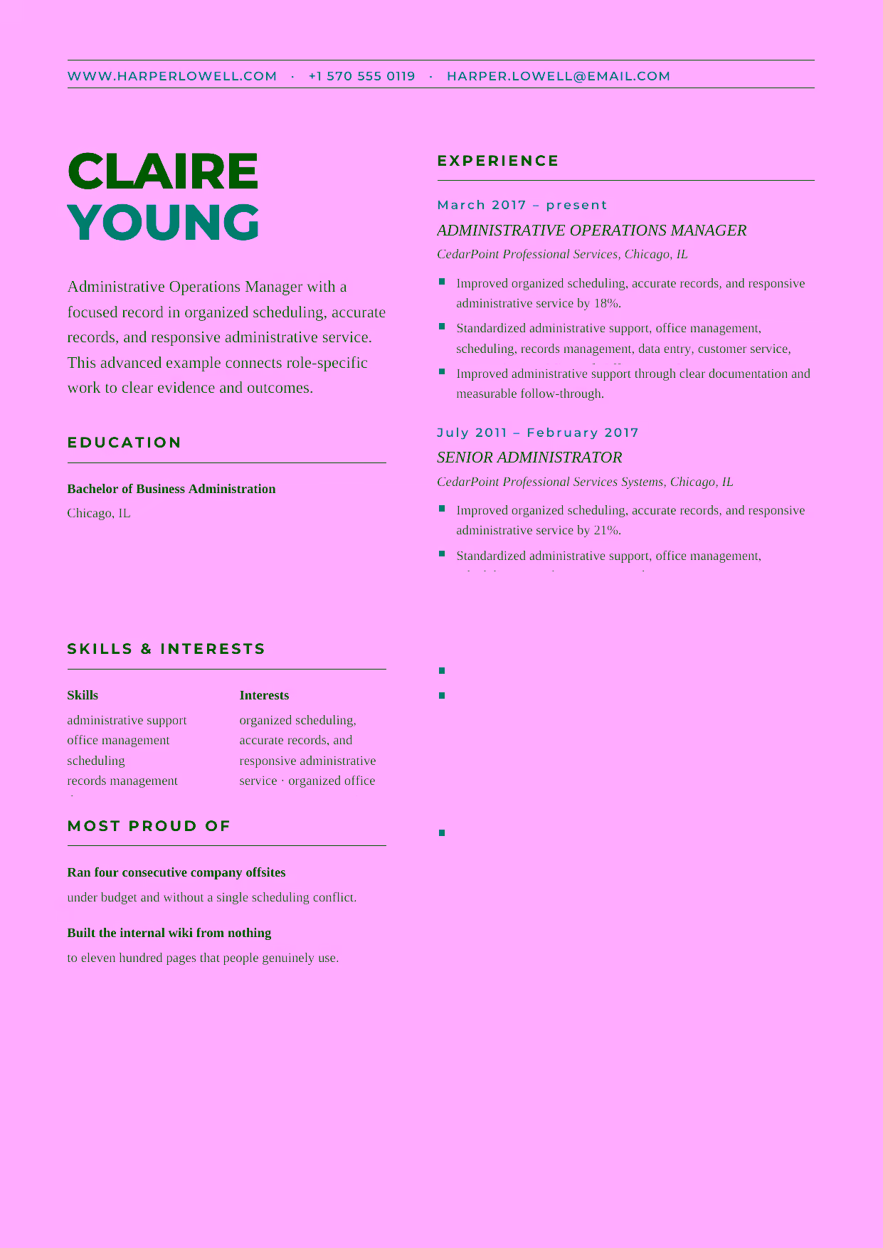 Advanced Administrative Operations Manager resume example in the Bootes template focused on administrative governance, service standards, and operations-team leadership.