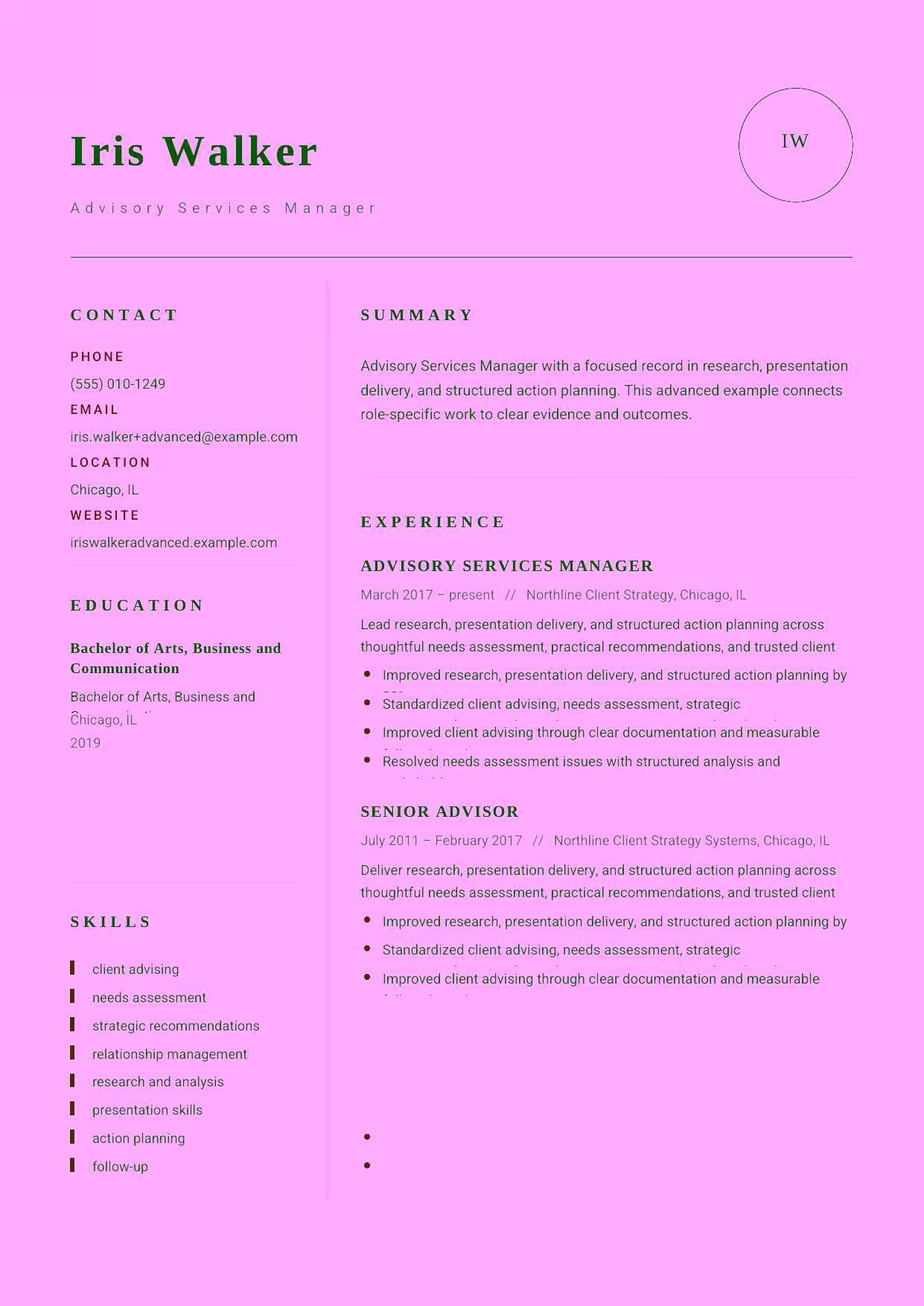 Advanced Advisory Services Manager resume example in the Grus template focused on advisory practice standards, relationship growth, and team leadership.