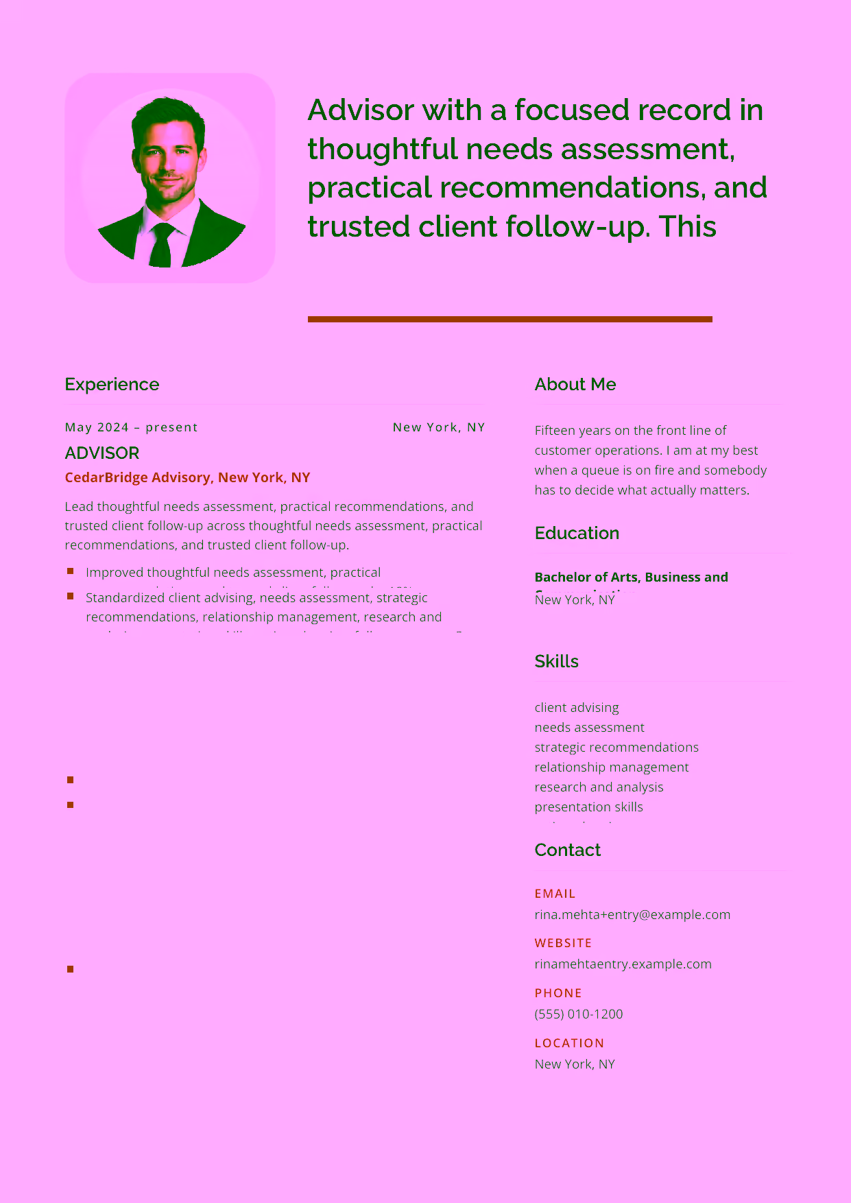 Entry-level Advisor resume example in the Andromeda template focused on thoughtful needs assessment, practical recommendations, and trusted client follow-up.