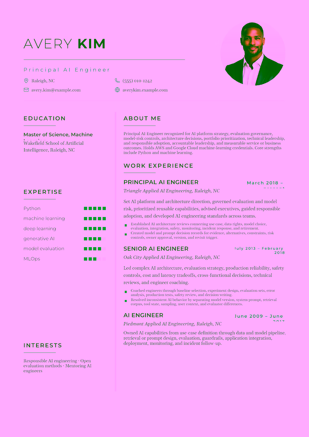 Advanced Principal AI Engineer resume example in the Achernar template focused on AI platform strategy, evaluation governance, model-risk controls, architecture decisions, portfolio prioritization, technical leadership, and responsible adoption.