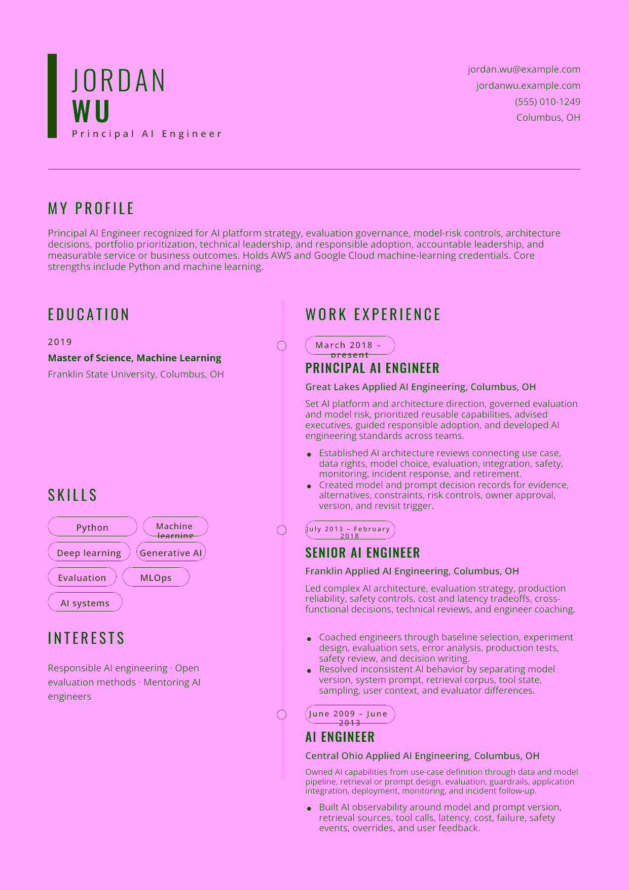 Advanced Principal AI Engineer resume example in the Caelum template focused on AI platform strategy, evaluation governance, model-risk controls, architecture decisions, portfolio prioritization, technical leadership, and responsible adoption.