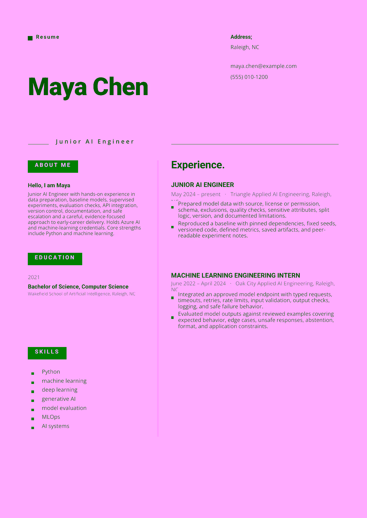 Entry-level Junior AI Engineer resume example in the Indus template focused on data preparation, baseline models, supervised experiments, evaluation checks, API integration, version control, documentation, and safe escalation.
