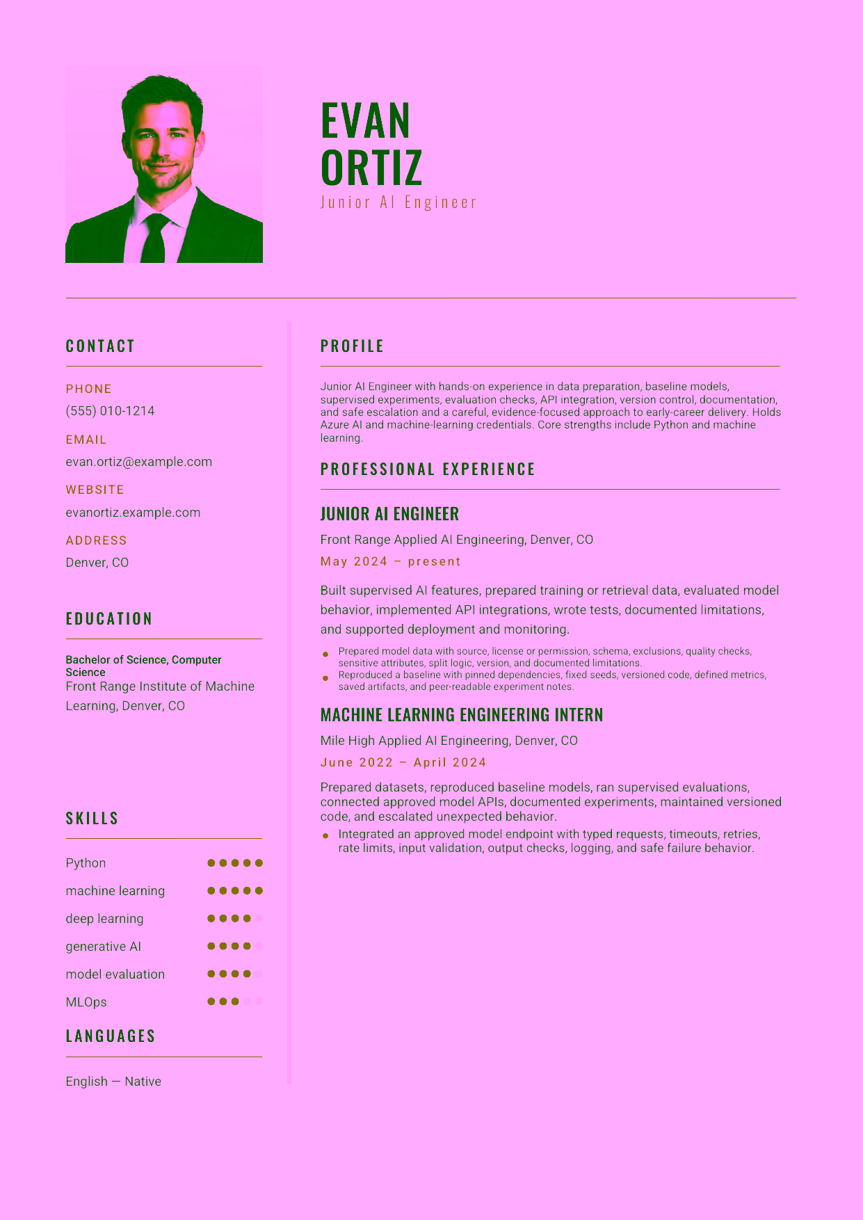 Entry-level Junior AI Engineer resume example in the Acamar template focused on data preparation, baseline models, supervised experiments, evaluation checks, API integration, version control, documentation, and safe escalation.