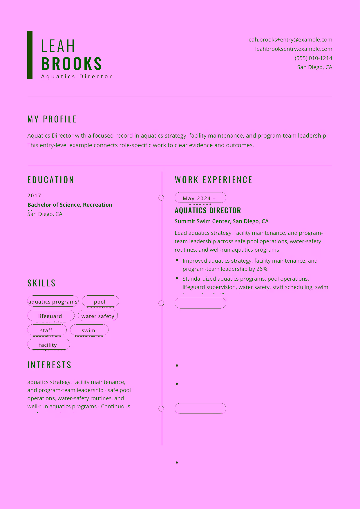 Entry-level Aquatics Director resume example in the Caelum template focused on safe pool operations, water-safety routines, and well-run aquatics programs.