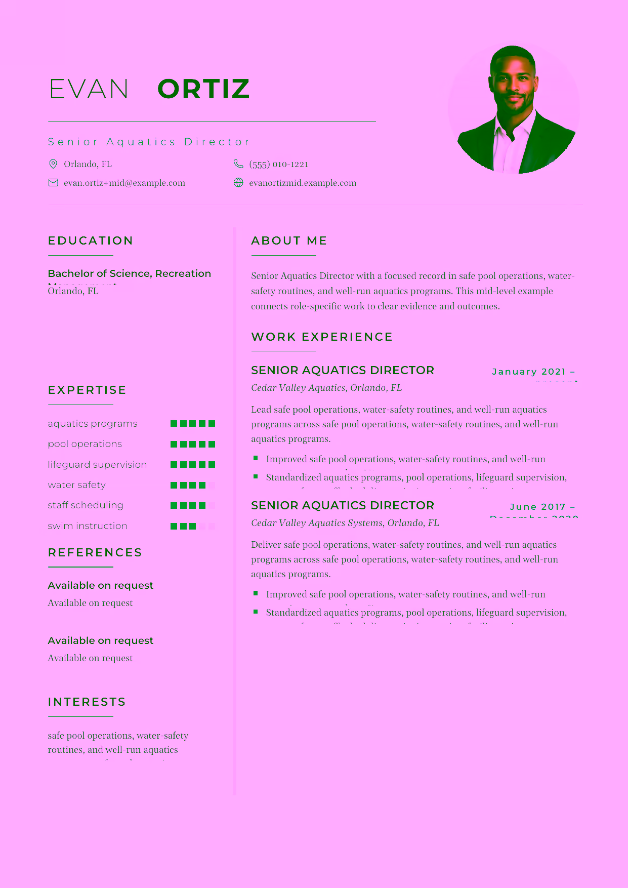 Mid-level Senior Aquatics Director resume example in the Achernar template focused on lifeguard supervision, staff scheduling, and emergency response readiness.