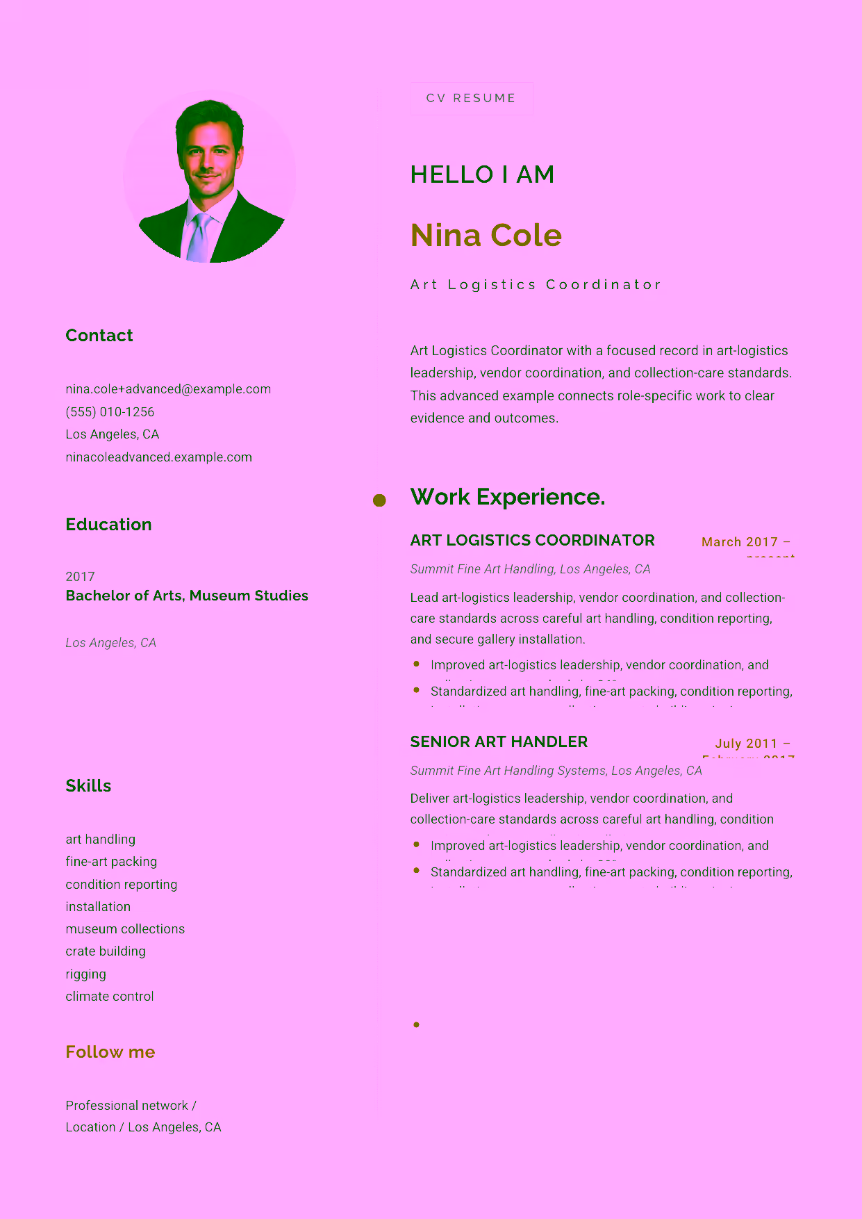 Advanced Art Logistics Coordinator resume example in the Eridanus template focused on art-logistics leadership, vendor coordination, and collection-care standards.
