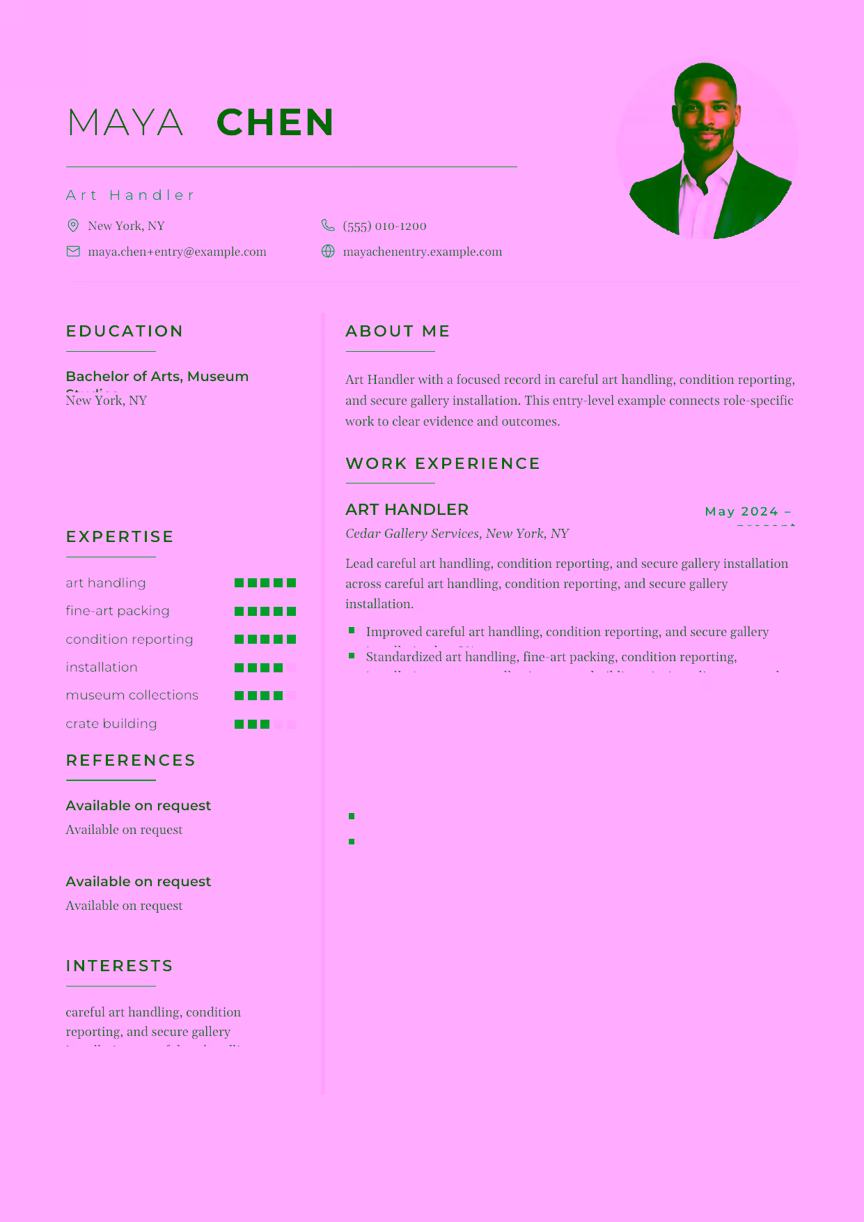 Entry-level Art Handler resume example in the Achernar template focused on careful art handling, condition reporting, and secure gallery installation.