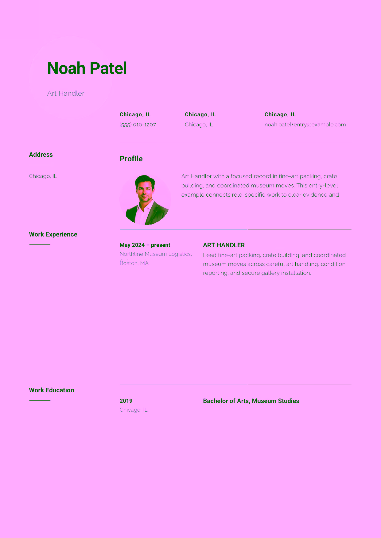 Entry-level Art Handler resume example in the Pavo template focused on careful art handling, condition reporting, and secure gallery installation.