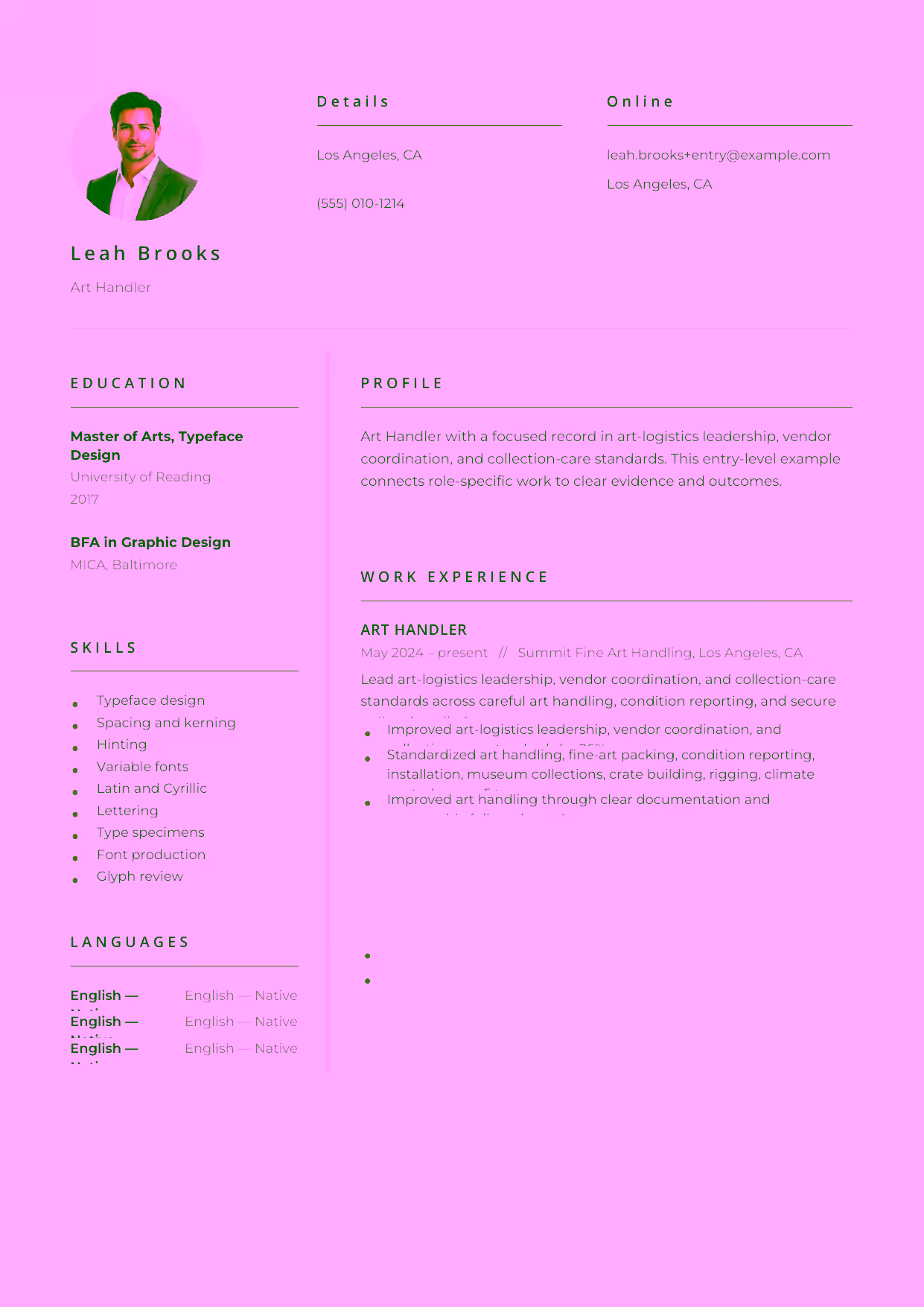 Entry-level Art Handler resume example in the Pictor template focused on careful art handling, condition reporting, and secure gallery installation.