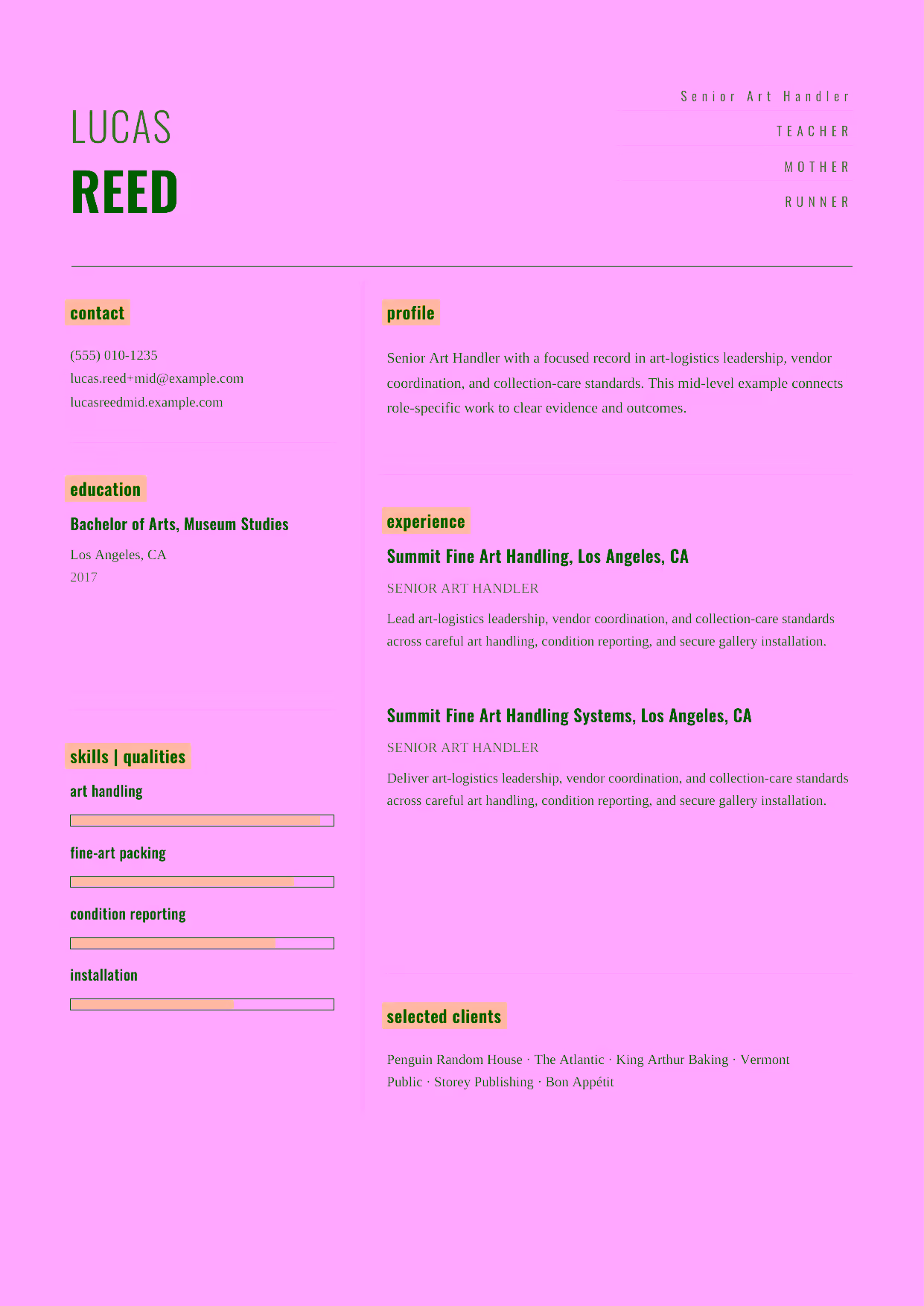 Mid-level Senior Art Handler resume example in the Dorado template focused on fine-art packing, crate building, and coordinated museum moves.