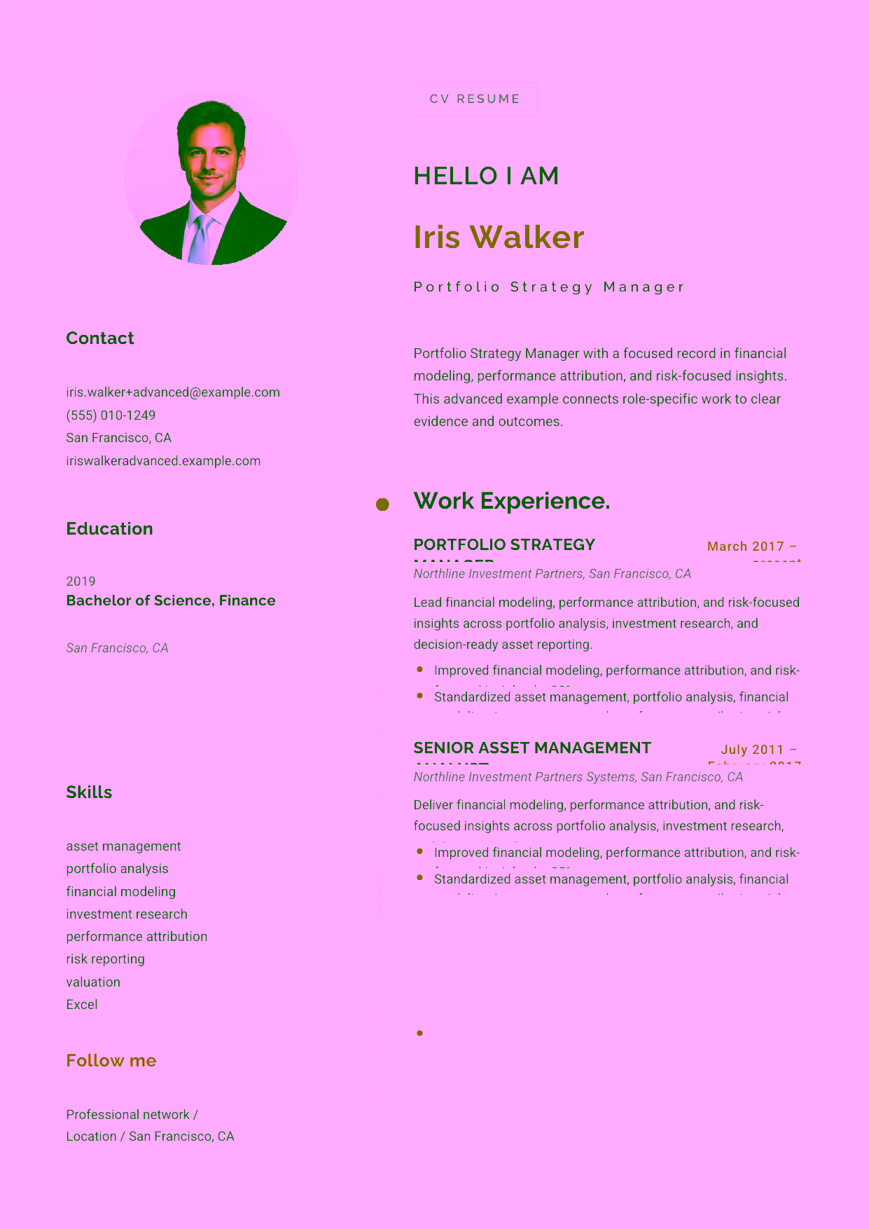 Advanced Portfolio Strategy Manager resume example in the Eridanus template focused on asset-allocation strategy, stakeholder communication, and analytical leadership.