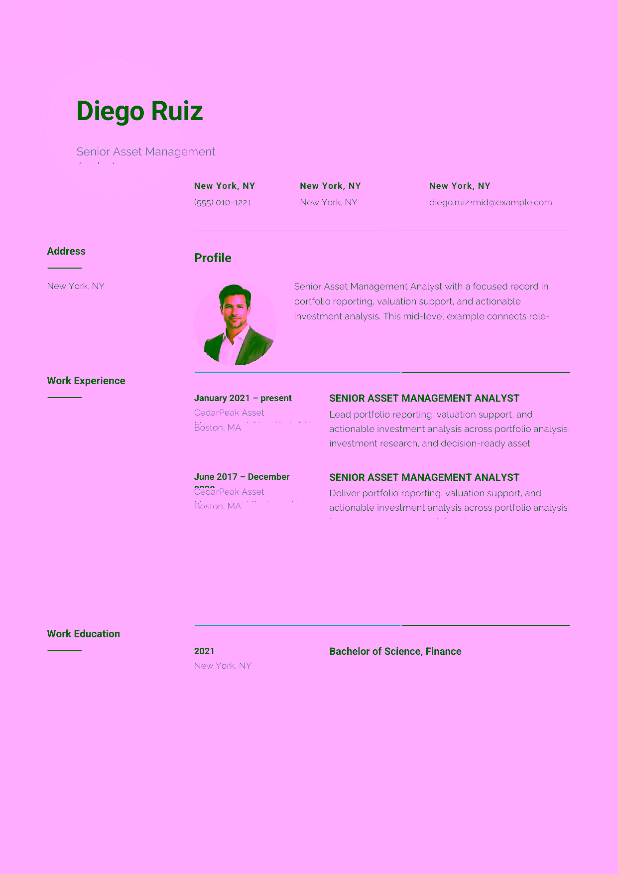 Mid-level Senior Asset Management Analyst resume example in the Pavo template focused on financial modeling, performance attribution, and risk-focused insights.