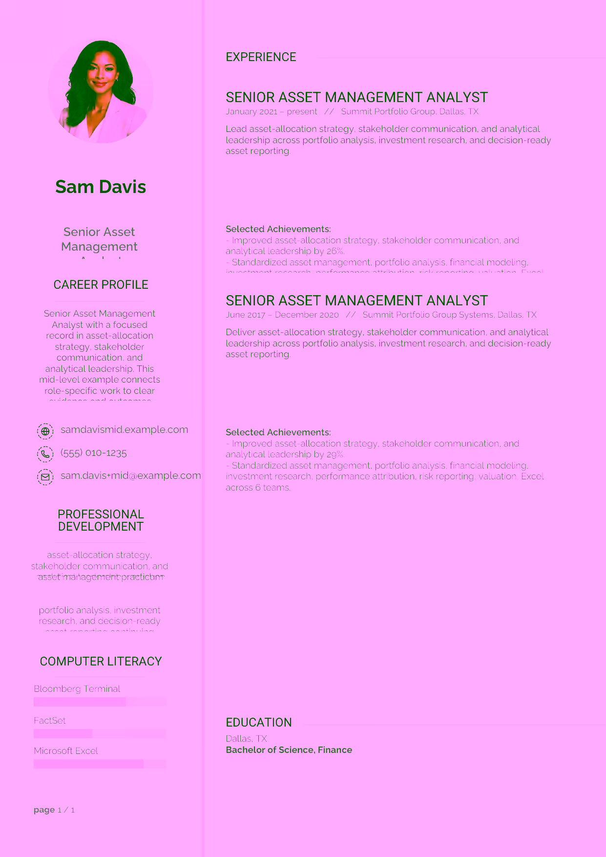 Mid-level Senior Asset Management Analyst resume example in the Synnove template focused on financial modeling, performance attribution, and risk-focused insights.
