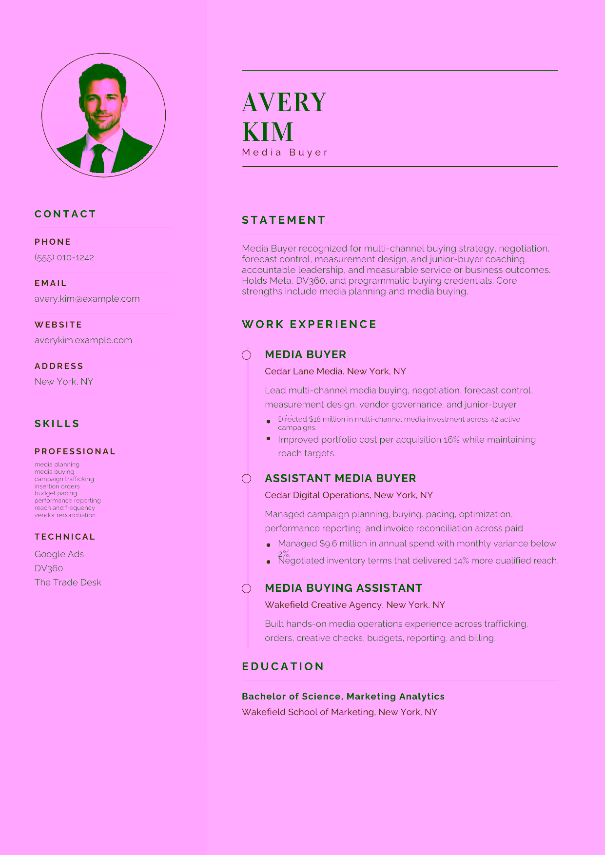 Advanced Media Buyer resume example in the Cetus template focused on multi-channel buying strategy, negotiation, forecast control, measurement design, and junior-buyer coaching.