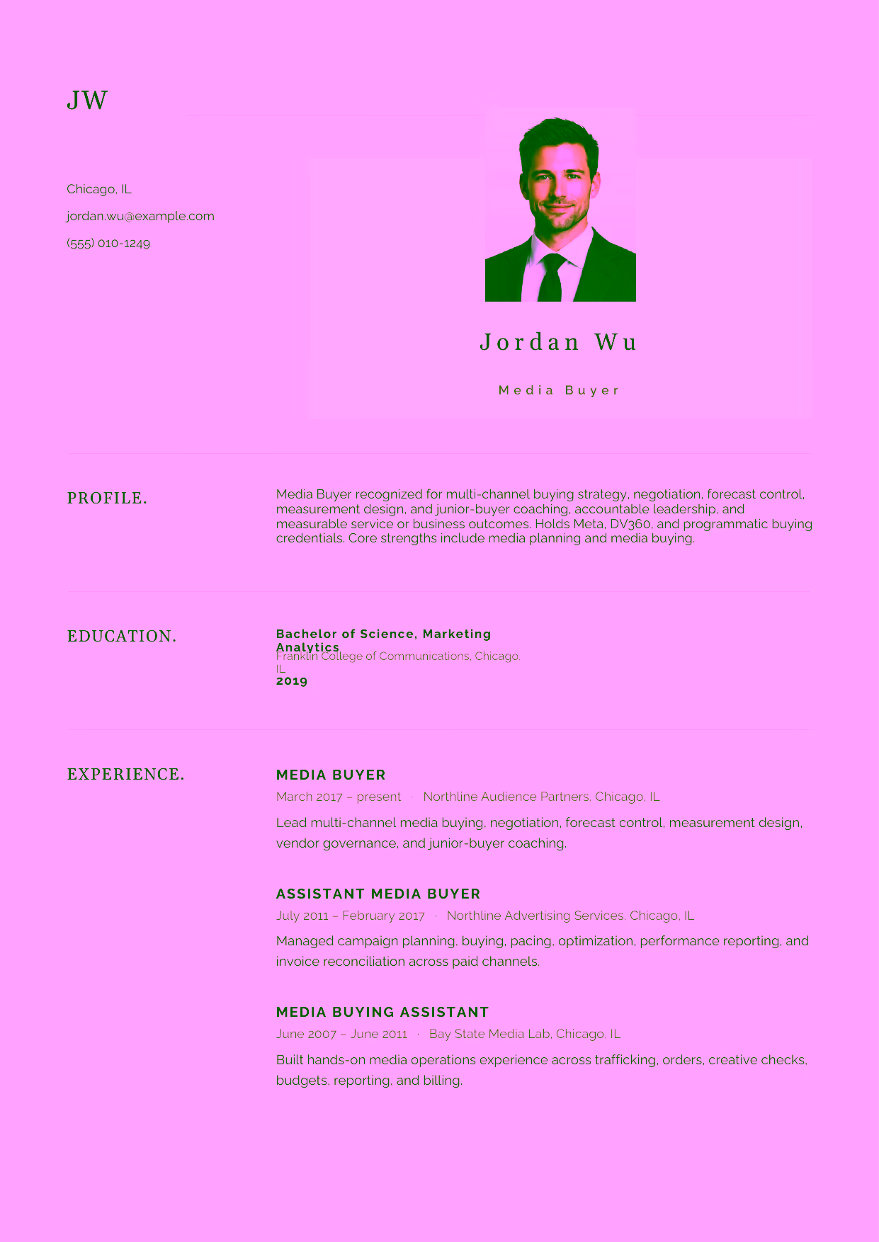 Advanced Media Buyer resume example in the Norma template focused on multi-channel buying strategy, negotiation, forecast control, measurement design, and junior-buyer coaching.